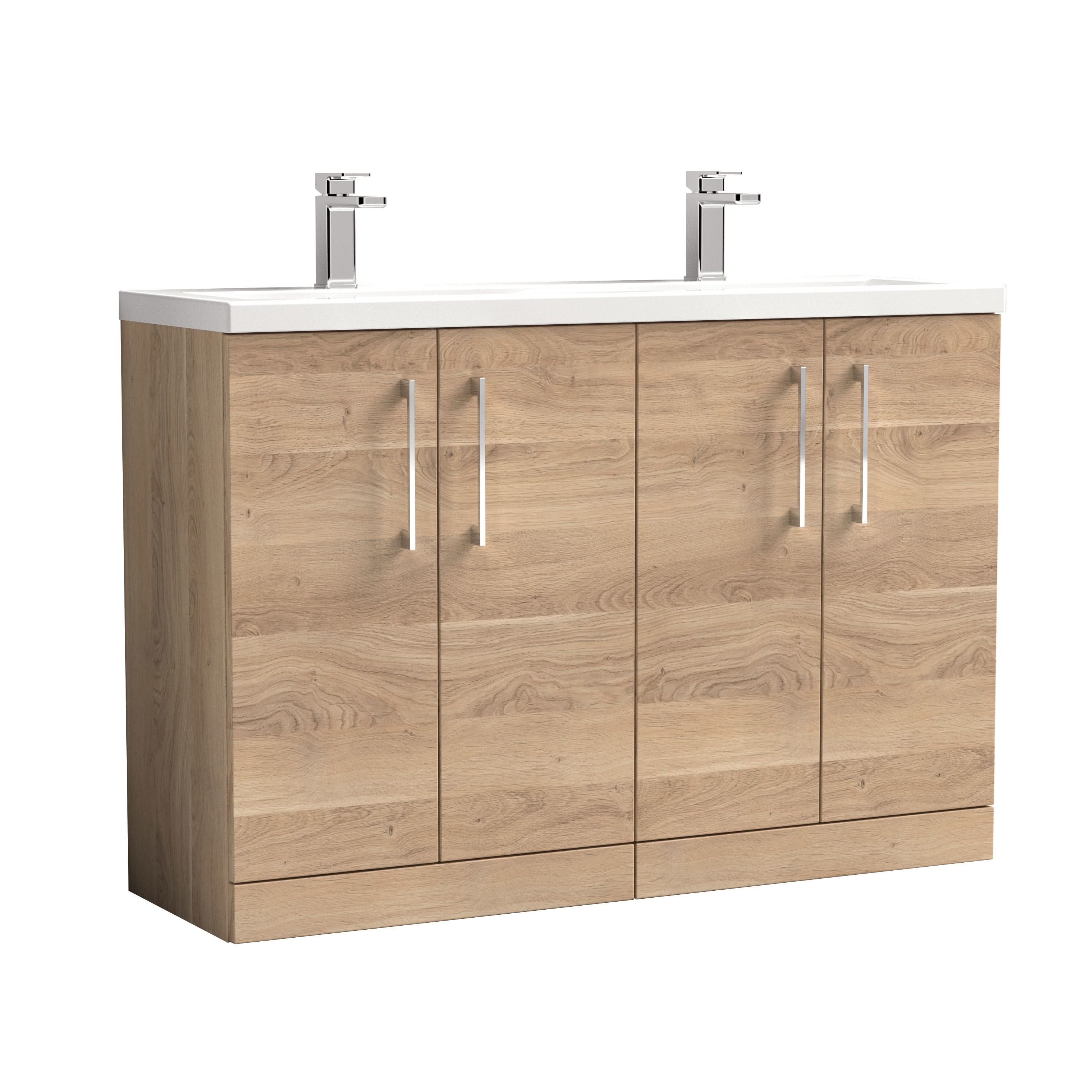Nuie Arno Floor Standing 4 Door Vanity Unit & Double Ceramic Basin, Elegant Sink Vanity Unit in Bleached Oak with Basin in Bleached Cuneo Oak, 1200mm