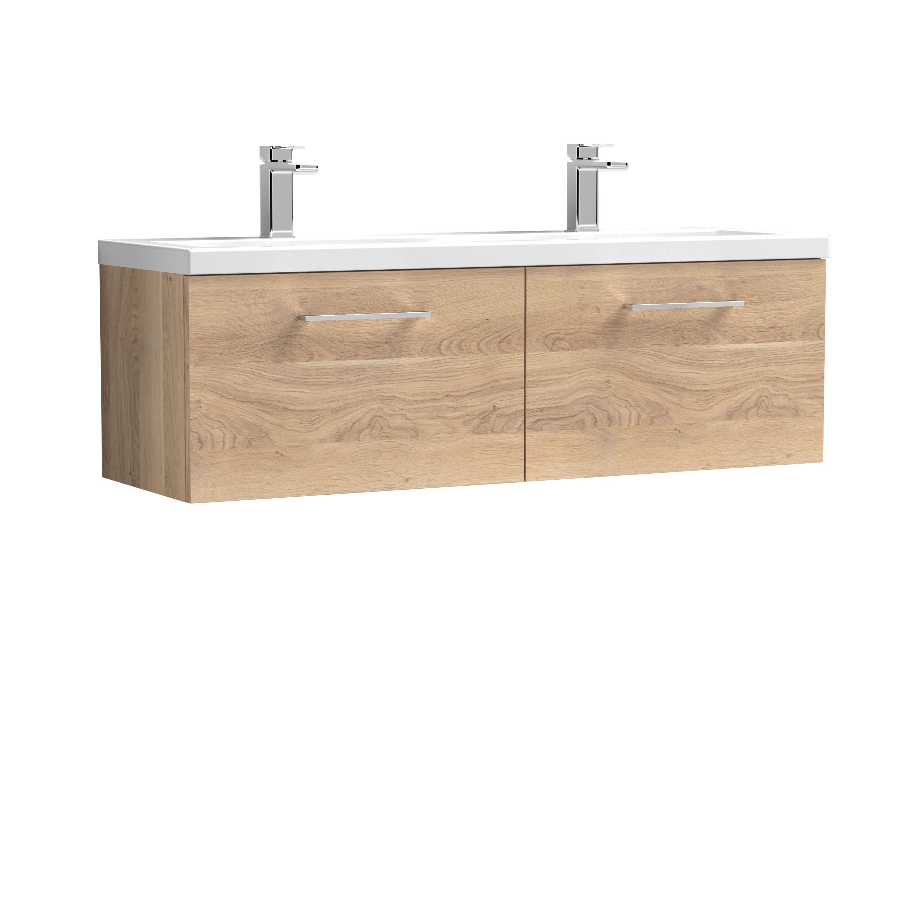 Nuie Arno Wall Hung 2-Drawer Vanity Unit & Double Ceramic Basin, Stylish Sink Vanity Unit in Bleached Oak with Basin in Bleached Cuneo Oak, 1200mm