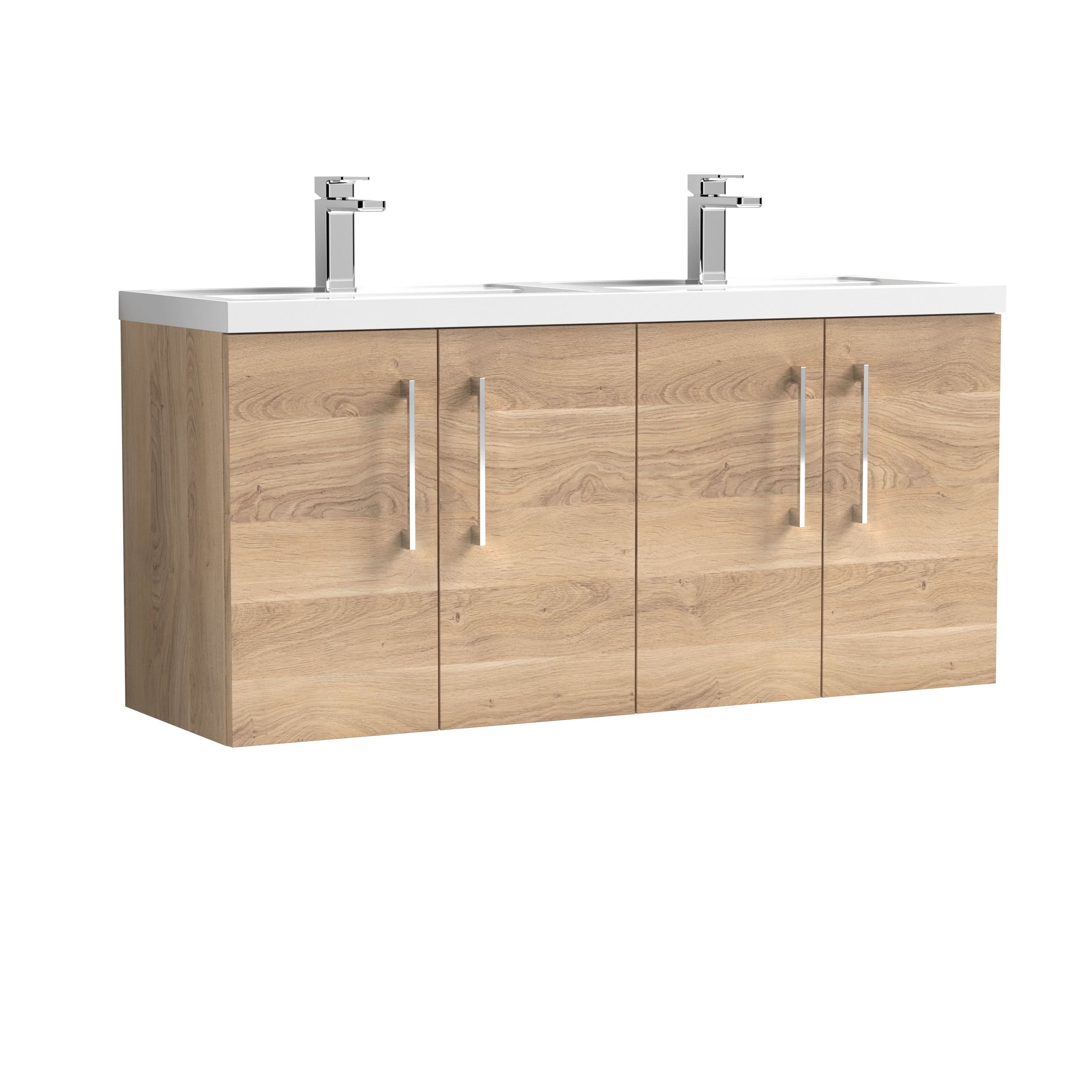 Nuie Arno Wall Hung 4 Door Vanity Unit & Double Ceramic Basin, Stylish Bathroom Vanity Units in Bleached Oak with White Basin, 1200mm