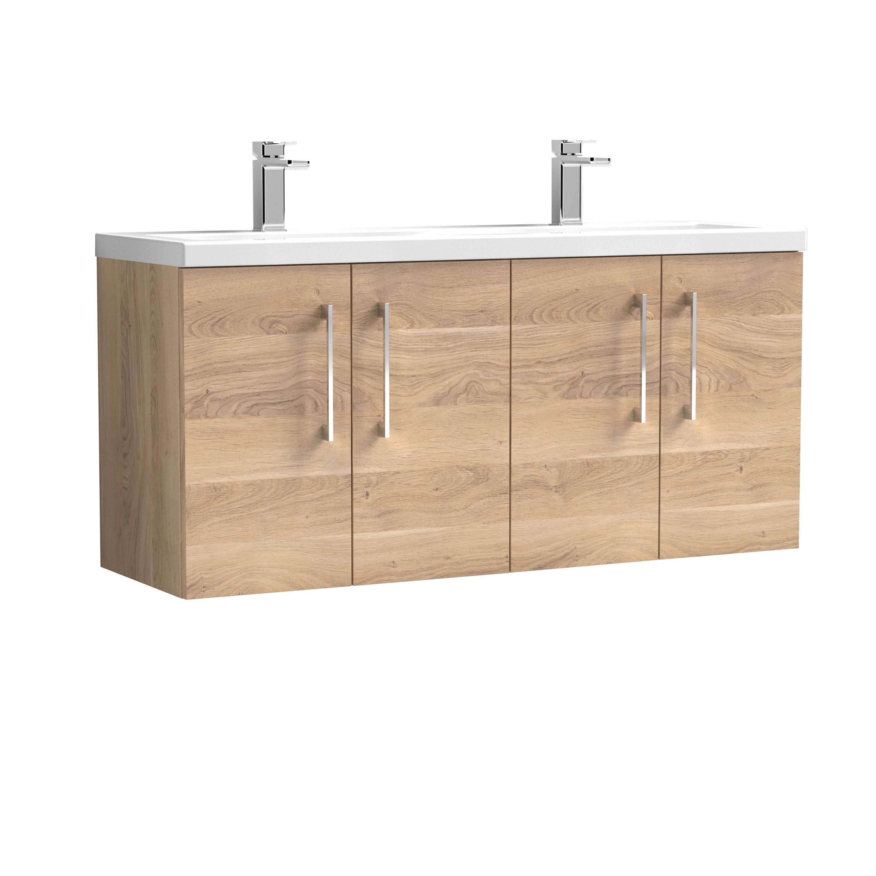 Nuie Arno Wall Hung 4 Door Vanity Unit & Double Ceramic Basin, Stylish Bathroom Vanity Units in Bleached Oak with Basin in Bleached Cuneo Oak, 1200mm