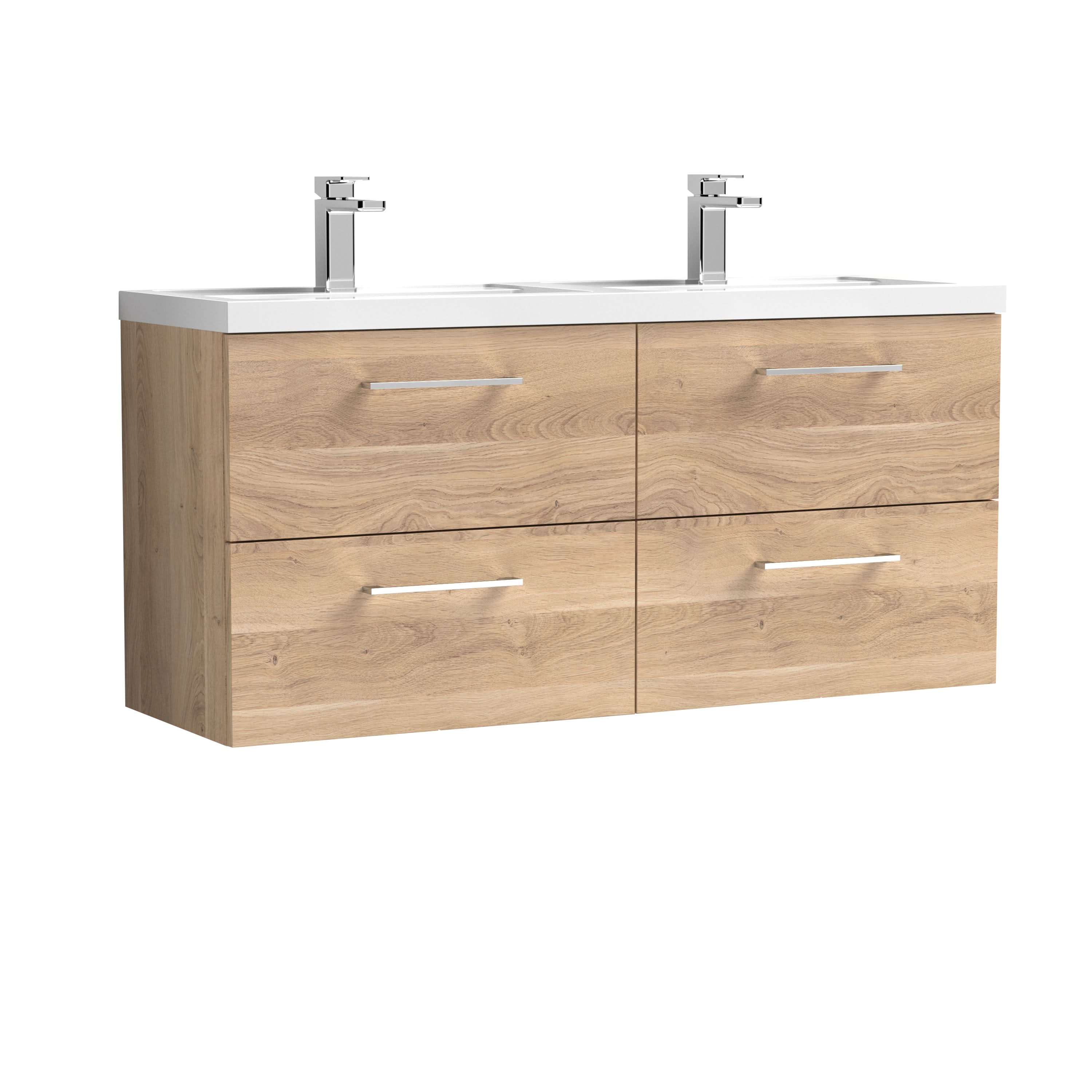 Nuie Arno Wall Hung 4 Drawer Vanity Unit & Double Ceramic Basin, Elegant Sink Vanity Unit in Bleached Oak with White Basin, 1200mm