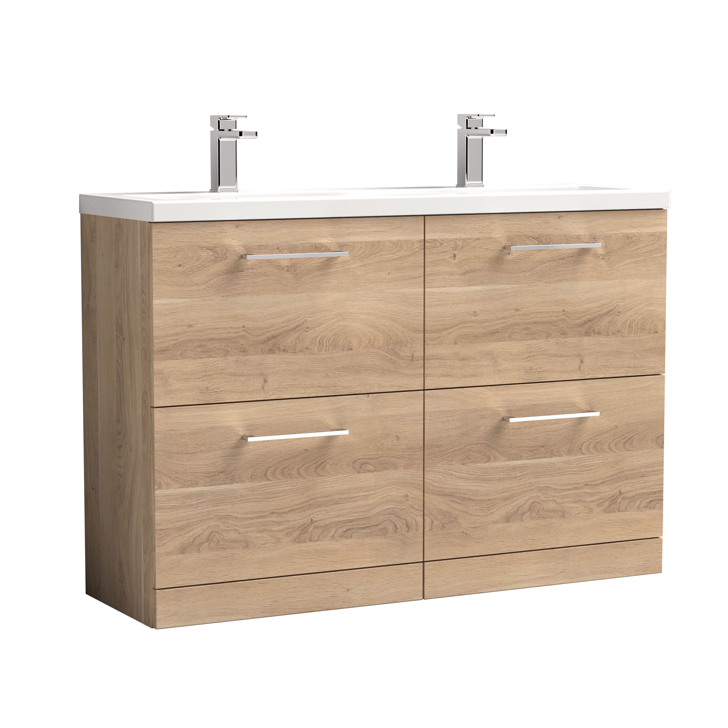 Nuie Arno Floor Standing 4 Drawer Vanity Unit & Double Ceramic Basin, Stylish Sink Vanity Unit in Bleached Oak with Basin in Bleached Cuneo Oak, 1200mm