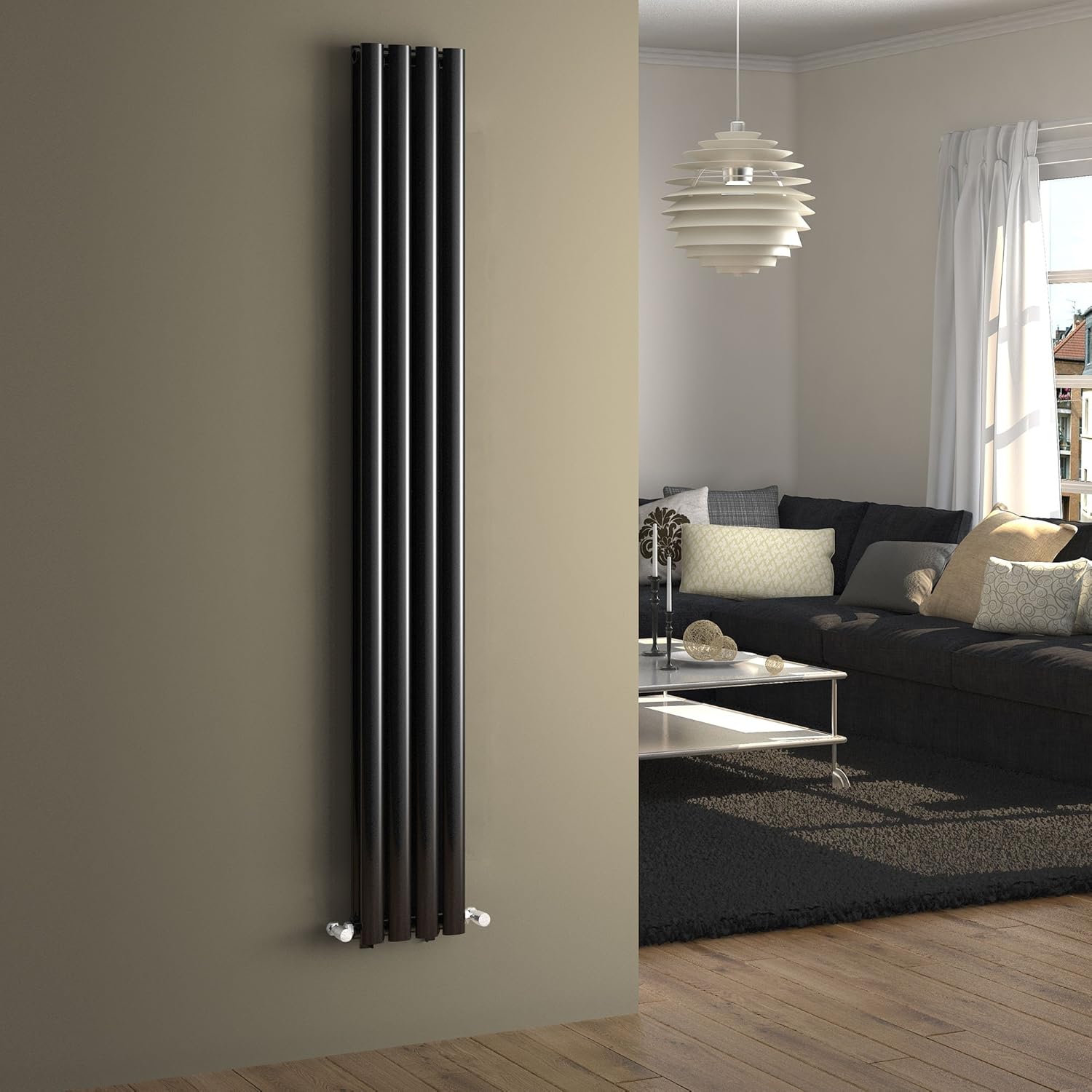 iBathUK Strata Vertical Column Radiator, Black Oval Double Panel Designer Radiator for Modern Heating, 1800 x 240 mm