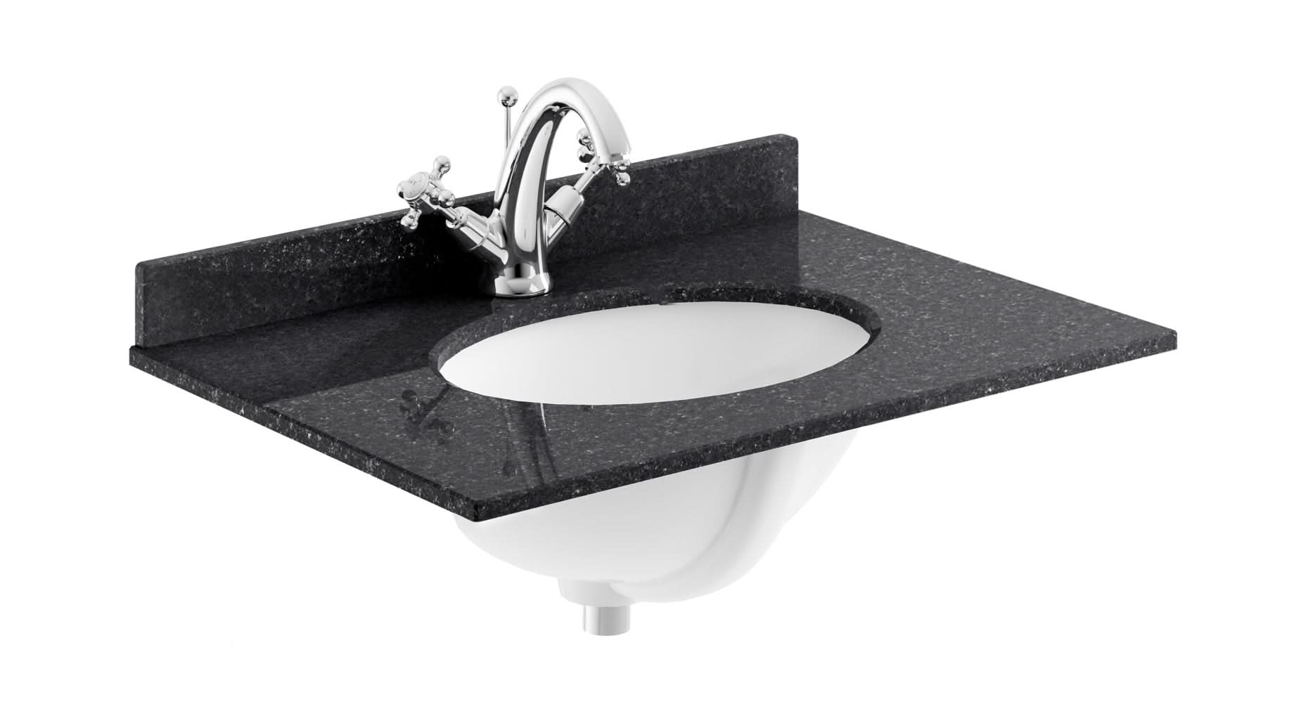 Old London Wall Mounted Marble Top Basin with 1 Tap Hole, Modern Round Ceramic Wash Basin with Countertop, Durable Bathroom Furniture in Premium Black Finish, 600mm