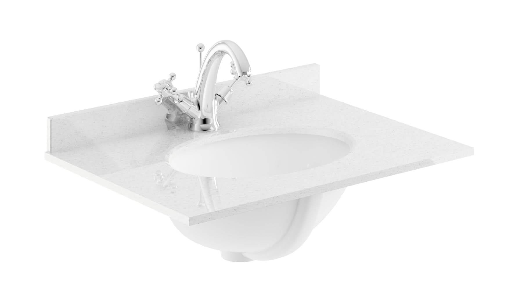 Old London Wall Mounted Marble Top Basin with 1 Tap Hole, Modern Round Ceramic Wash Basin with Countertop, Durable Bathroom Furniture in Premium White Finish, 600mm