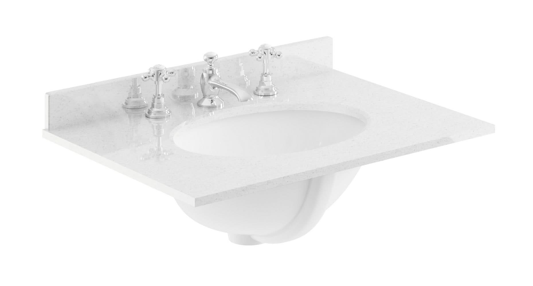 Old London Wall Mounted Marble Top Basin with 3 Tap Hole, Modern Round Ceramic Wash Basin with Countertop, Durable Bathroom Furniture in Premium White Finish, 600mm