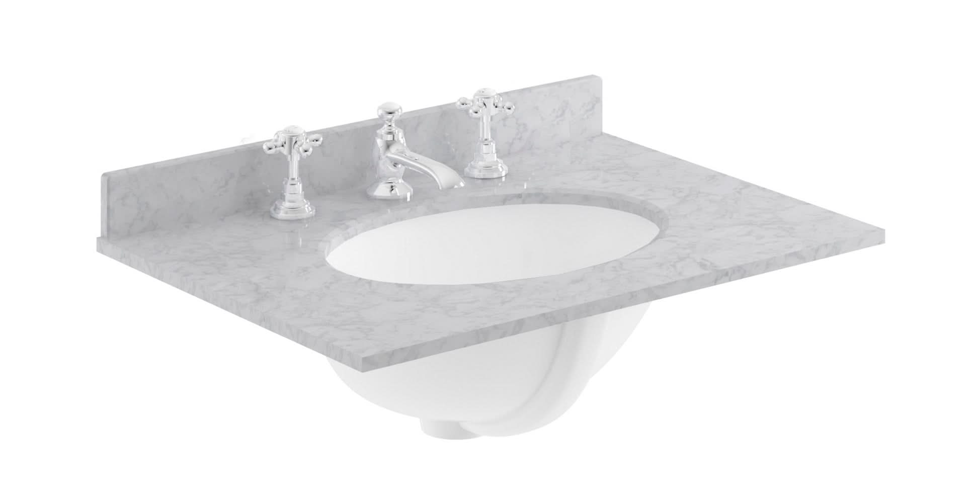 Old London Wall Mounted Marble Top Basin with 3 Tap Hole, Modern Round Ceramic Wash Basin with Countertop, Durable Bathroom Furniture in Premium Grey Finish, 600mm