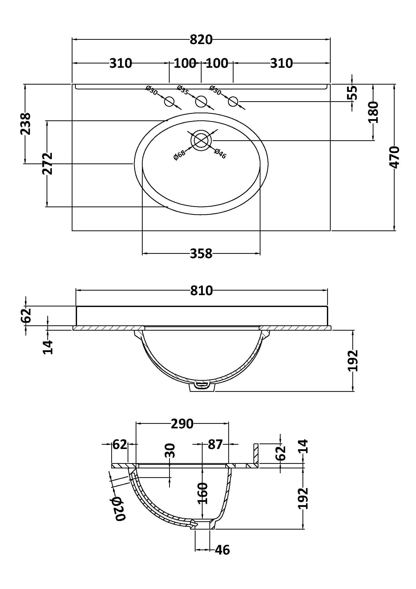 Old London Wall Mounted Marble Top Basin with 3 Tap Hole, Modern Round Ceramic Wash Basin with Countertop, Durable Bathroom Furniture in Premium White Finish, 800mm