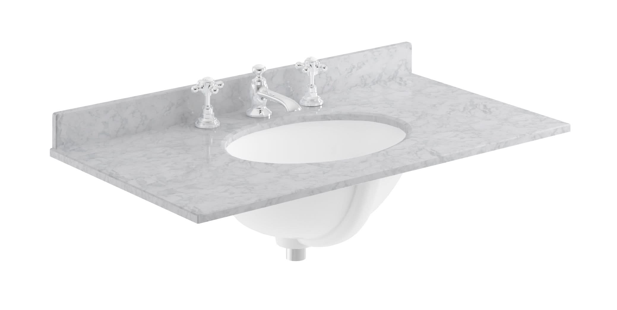 Old London Wall Mounted Marble Top Basin with 3 Tap Hole, Modern Round Ceramic Wash Basin with Countertop, Durable Bathroom Furniture in Premium Grey Finish, 800mm