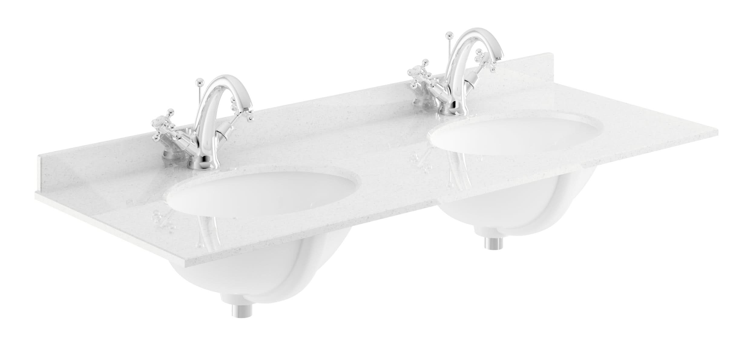 Old London Wall Mounted Double Bowl Marble Top Basin 1 Tap Hole, Twin Ceramic Wash Basins for Bathroom, Durable Bathroom Furniture in Premium White Finish, 1200mm