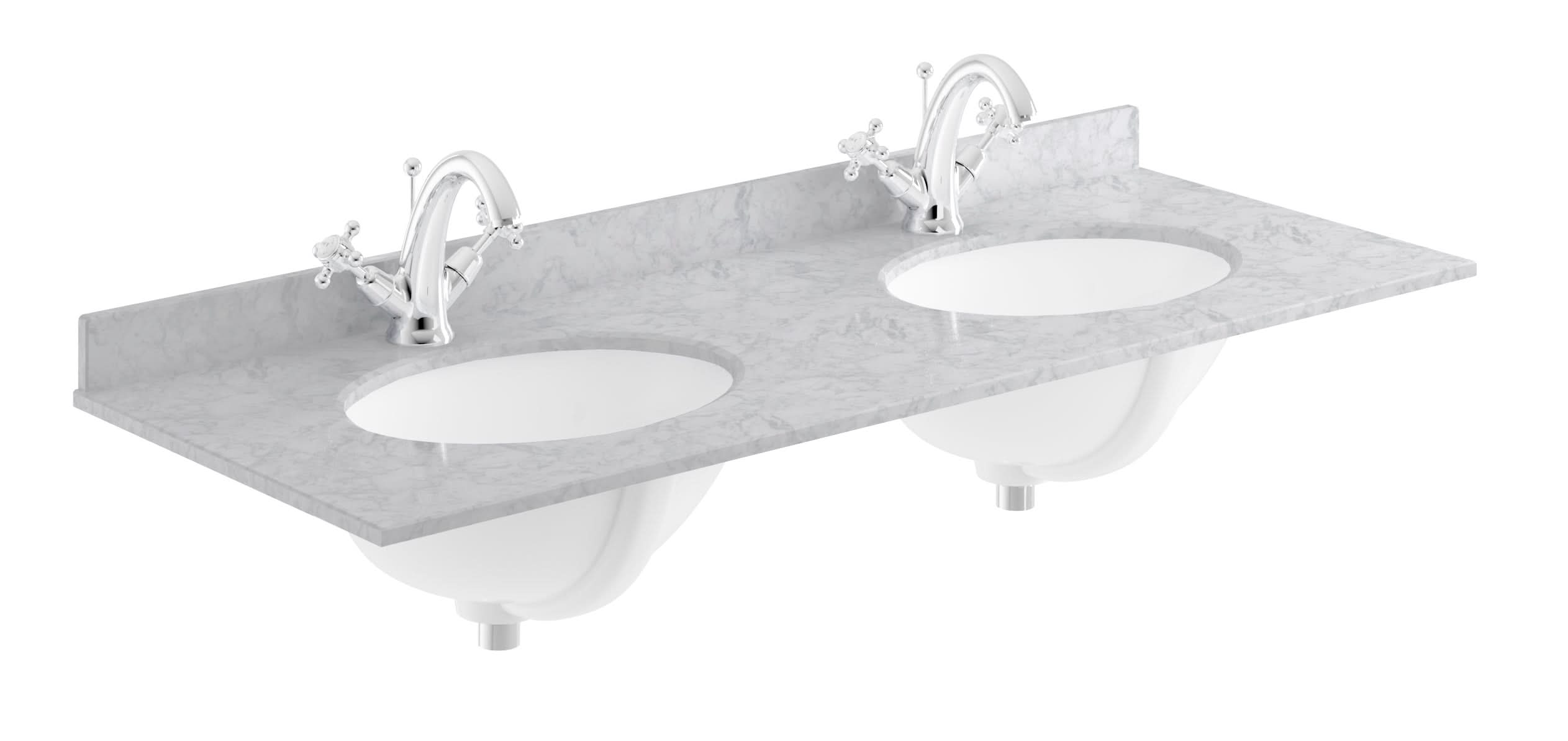 Old London Wall Mounted Double Bowl Marble Top Basin 1 Tap Hole, Twin Ceramic Wash Basins for Bathroom, Durable Bathroom Furniture in Premium Grey Finish, 1200mm
