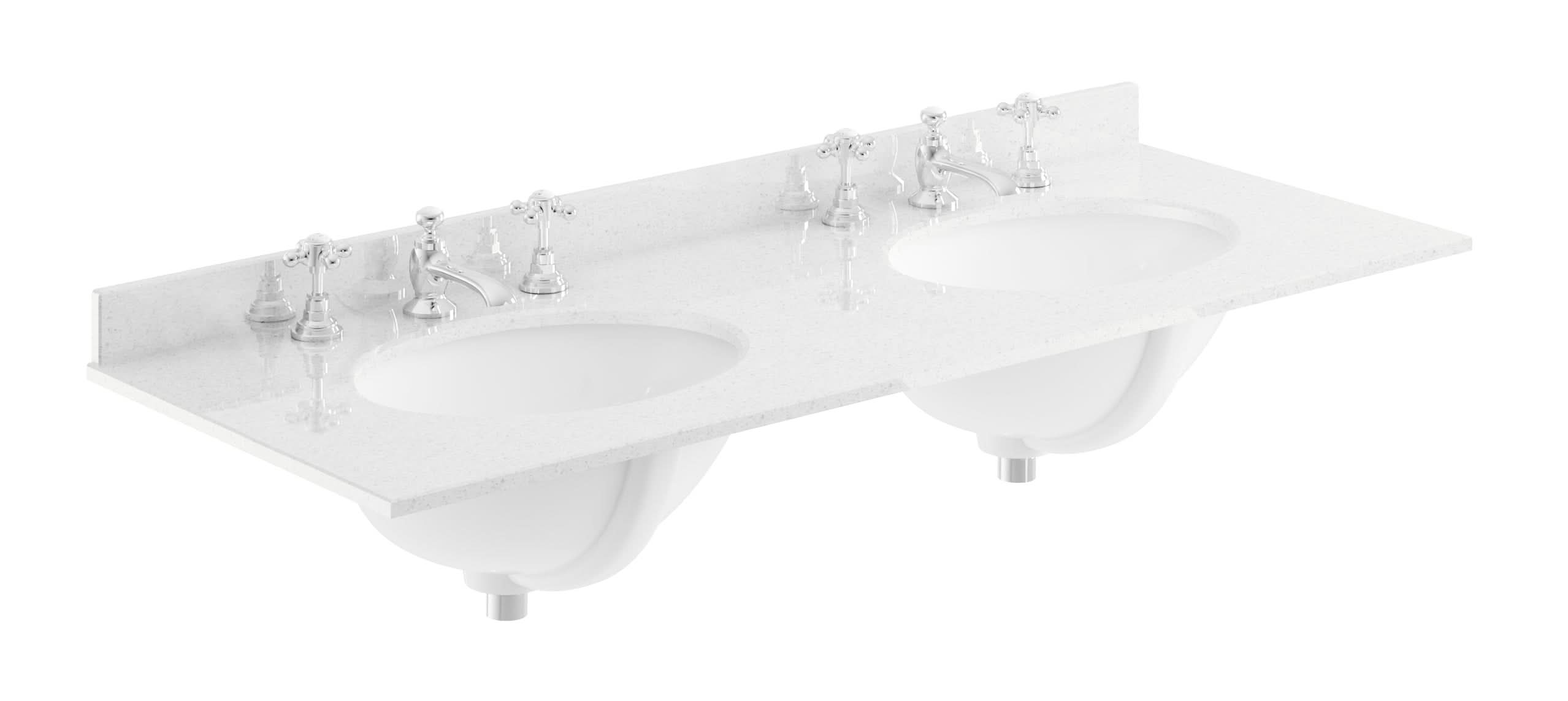Old London Wall Mounted Double Bowl Marble Top Basin 3 Tap Hole, Twin Ceramic Wash Basins for Bathroom, Durable Bathroom Furniture in Premium White Finish, 1200mm