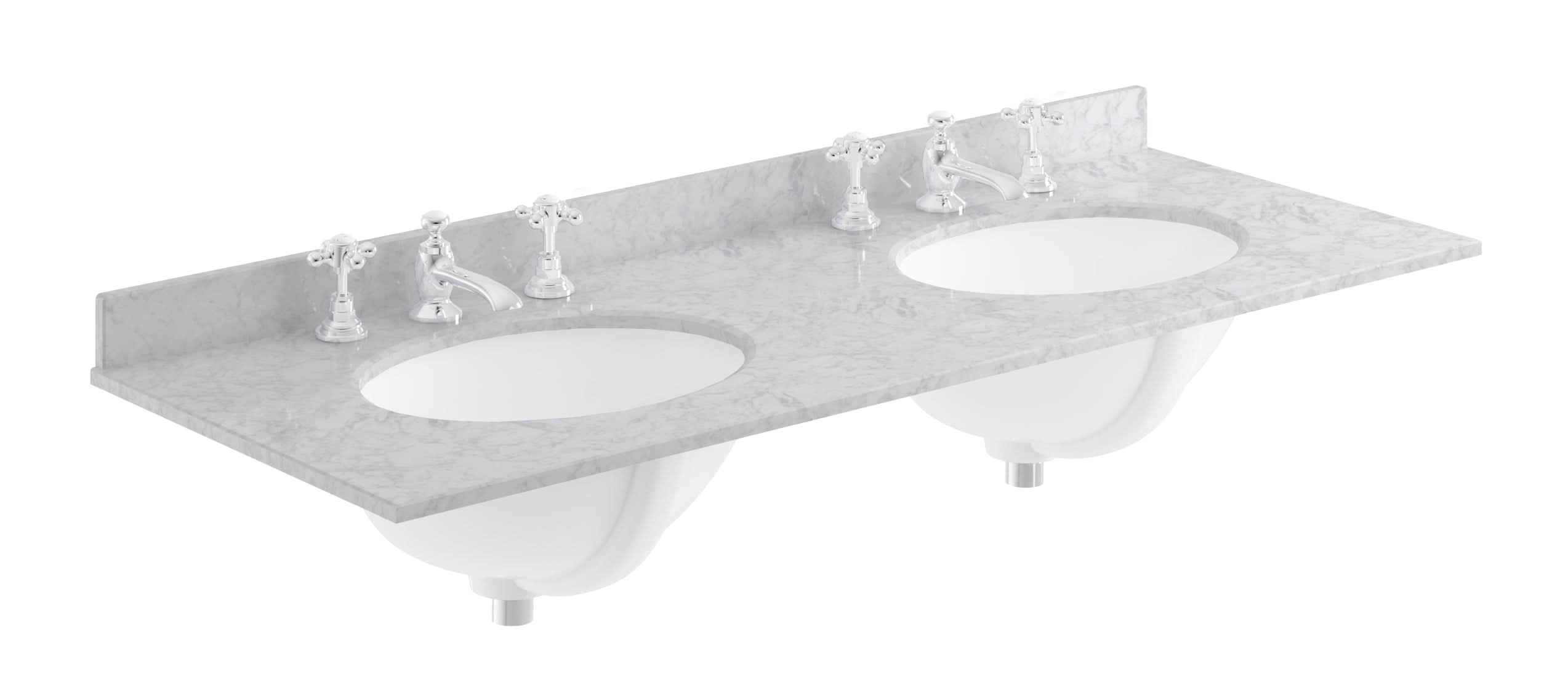 Old London Wall Mounted Double Bowl Marble Top Basin 3 Tap Hole, Twin Ceramic Wash Basins for Bathroom, Durable Bathroom Furniture in Premium Grey Finish, 1200mm