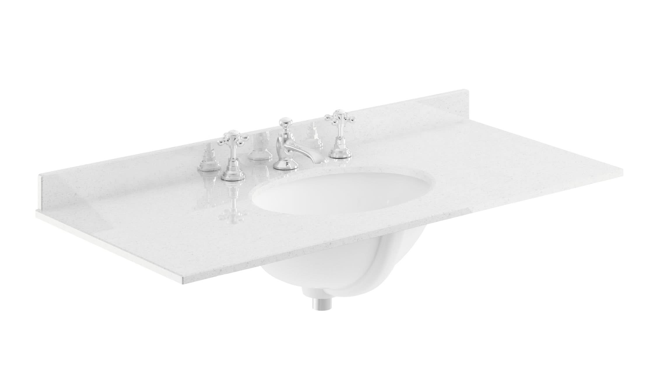 Old London Wall Hung Marble Top Rectangle Basin 3 Tap Hole, Durable Ceramic Basin with Natural Stone Countertop for Traditional Bathroom in Premium White Finish, 1000mm