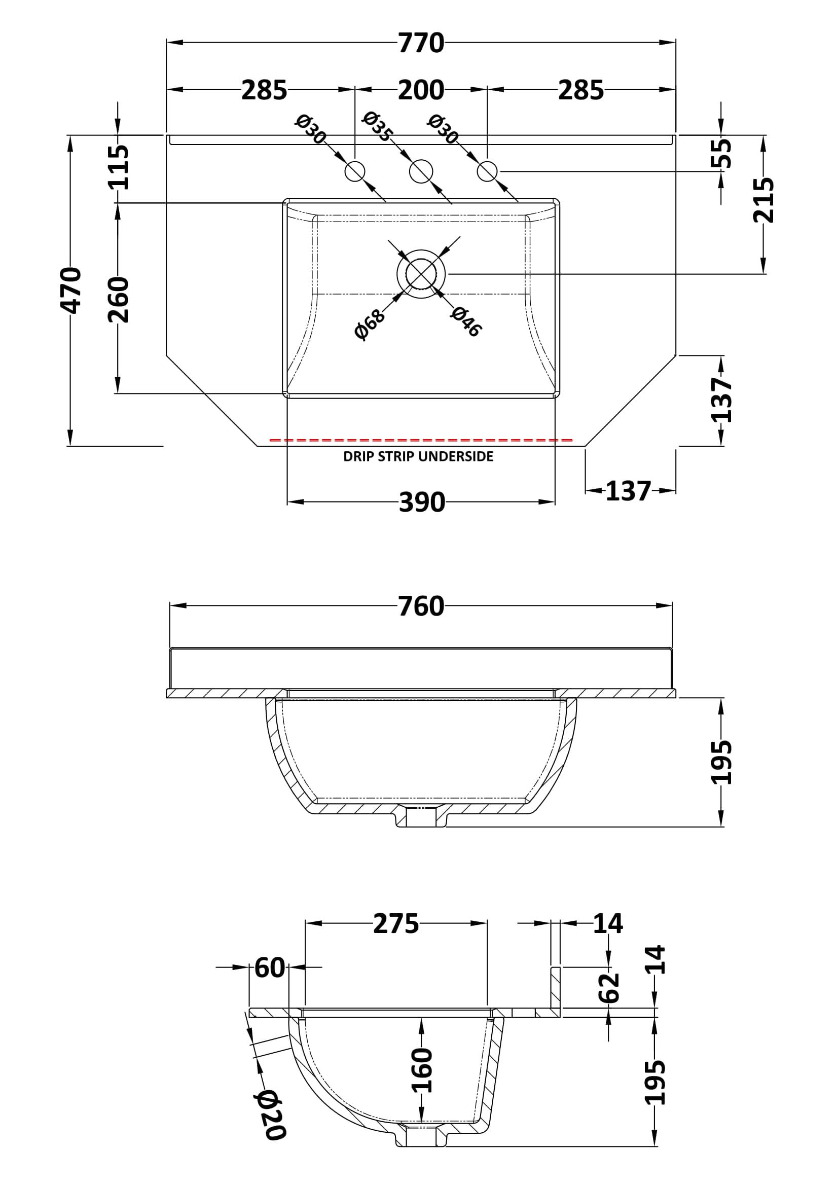 Old London Wall Hung Angled Marble Top Square Basin 3 Tap Hole, Durable Ceramic Basin with Natural Stone Countertop Top in Premium White Finish, 750mm