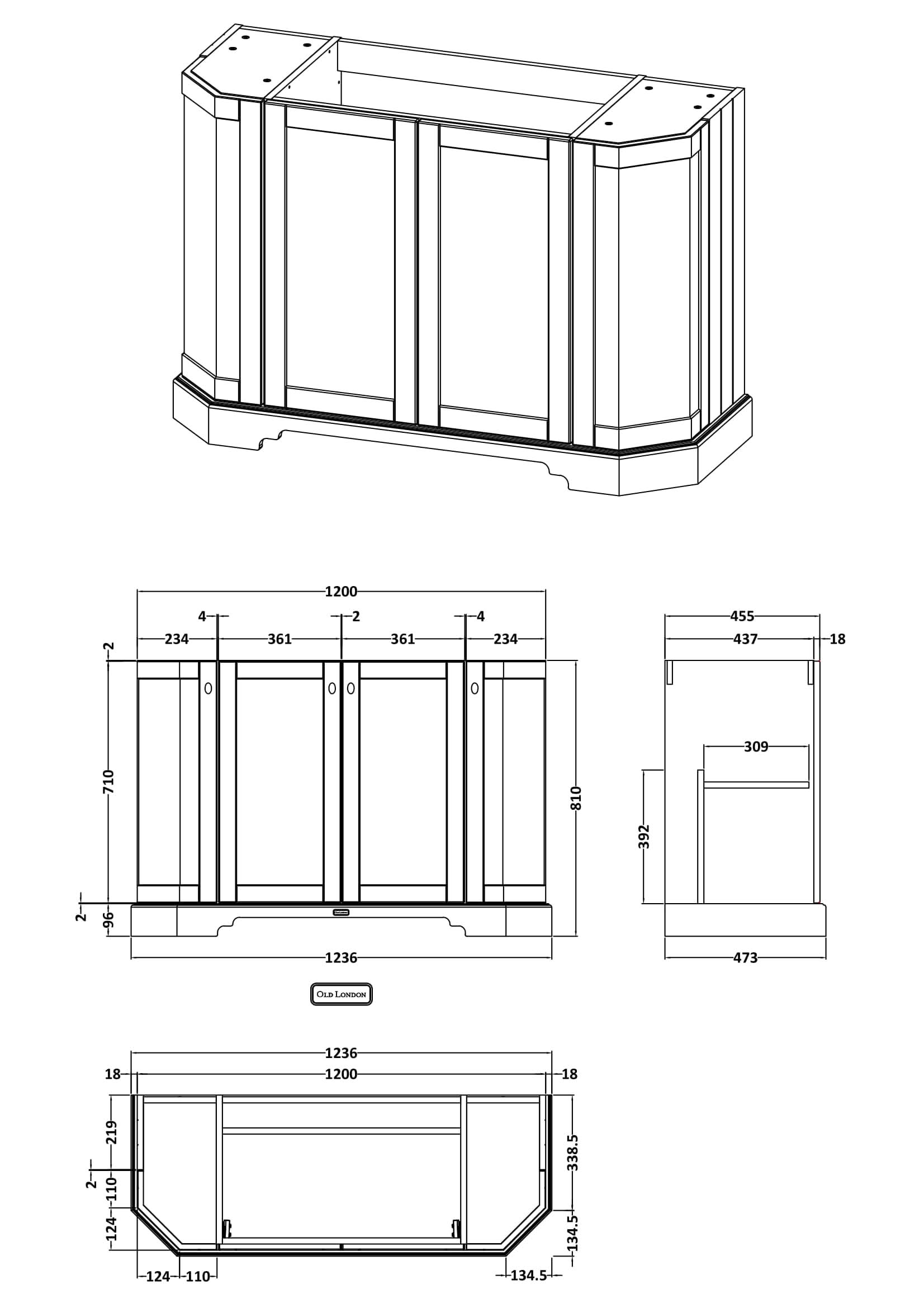 Old London Floor Standing Vanity Unit, Durable 4 Angled Door Sink Cabinet with Shelf, Traditional Bathroom Vanity Unit with Basin Storage in Twilight Blue, 1200mm