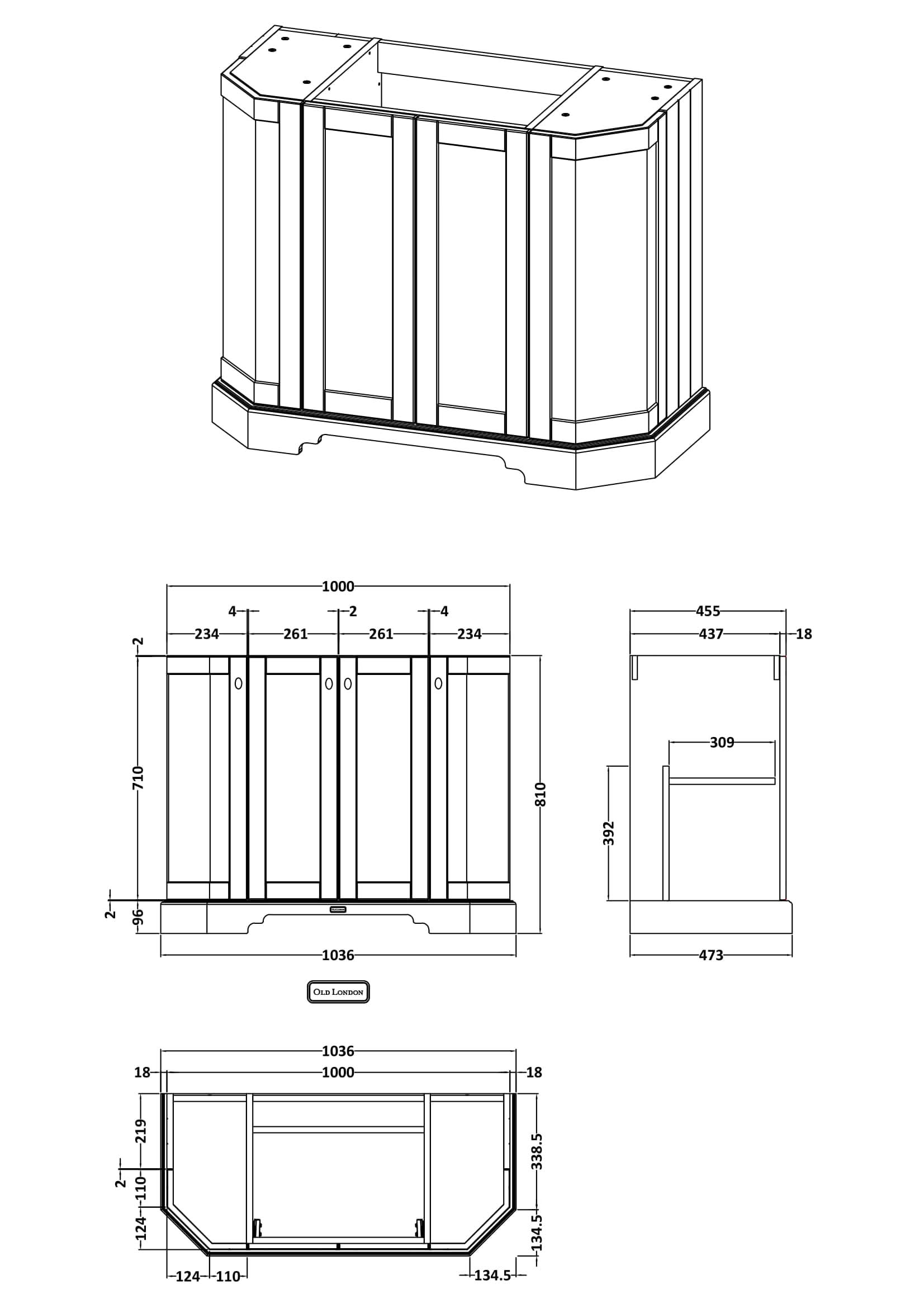 Old London Floor Standing Vanity Unit, Durable 4 Angled Door Sink Cabinet with Shelf, Traditional Bathroom Vanity Unit with Basin Storage in Timeless Sand, 1000mm