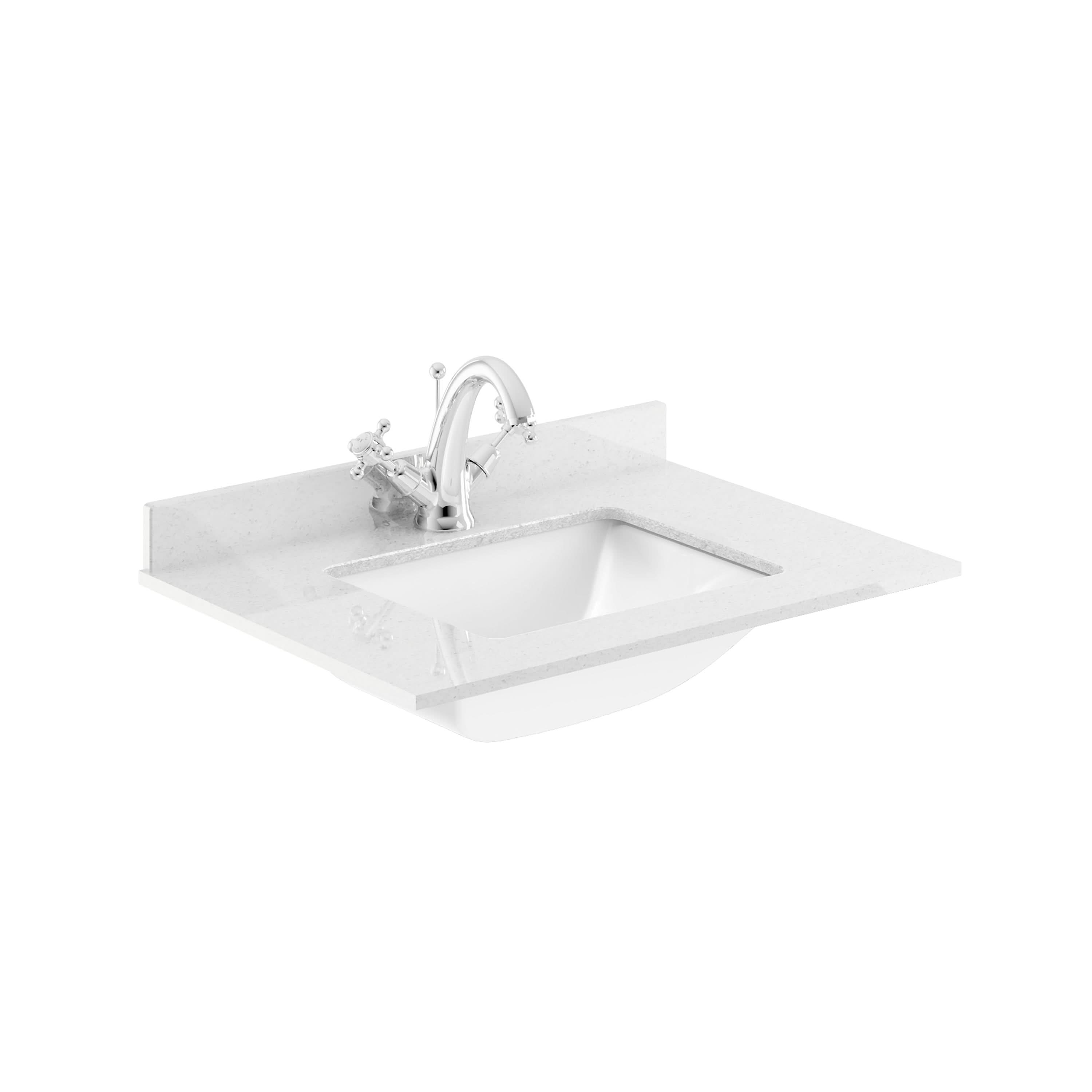 Old London Wall-Mounted Single Square Bowl Ceramic Basin 1 Tap Hole with Marble Work Top Bowl, Durable Wash Basin and Countertop for Modern Bathroom in White, 600mm