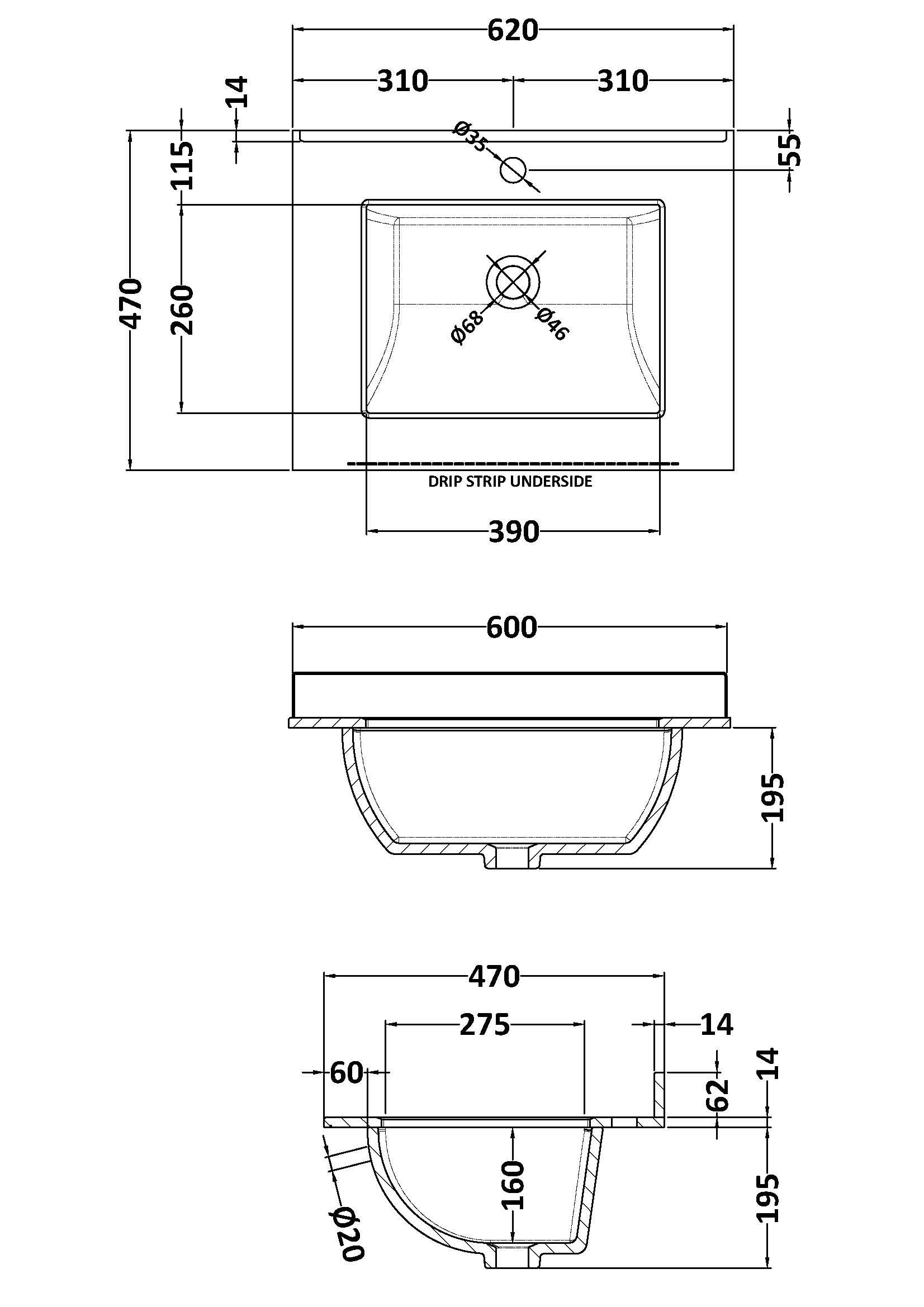 Old London Wall-Mounted Single Square Bowl Ceramic Basin 1 Tap Hole with Marble Work Top Bowl, Durable Wash Basin and Countertop for Modern Bathroom in White, 600mm