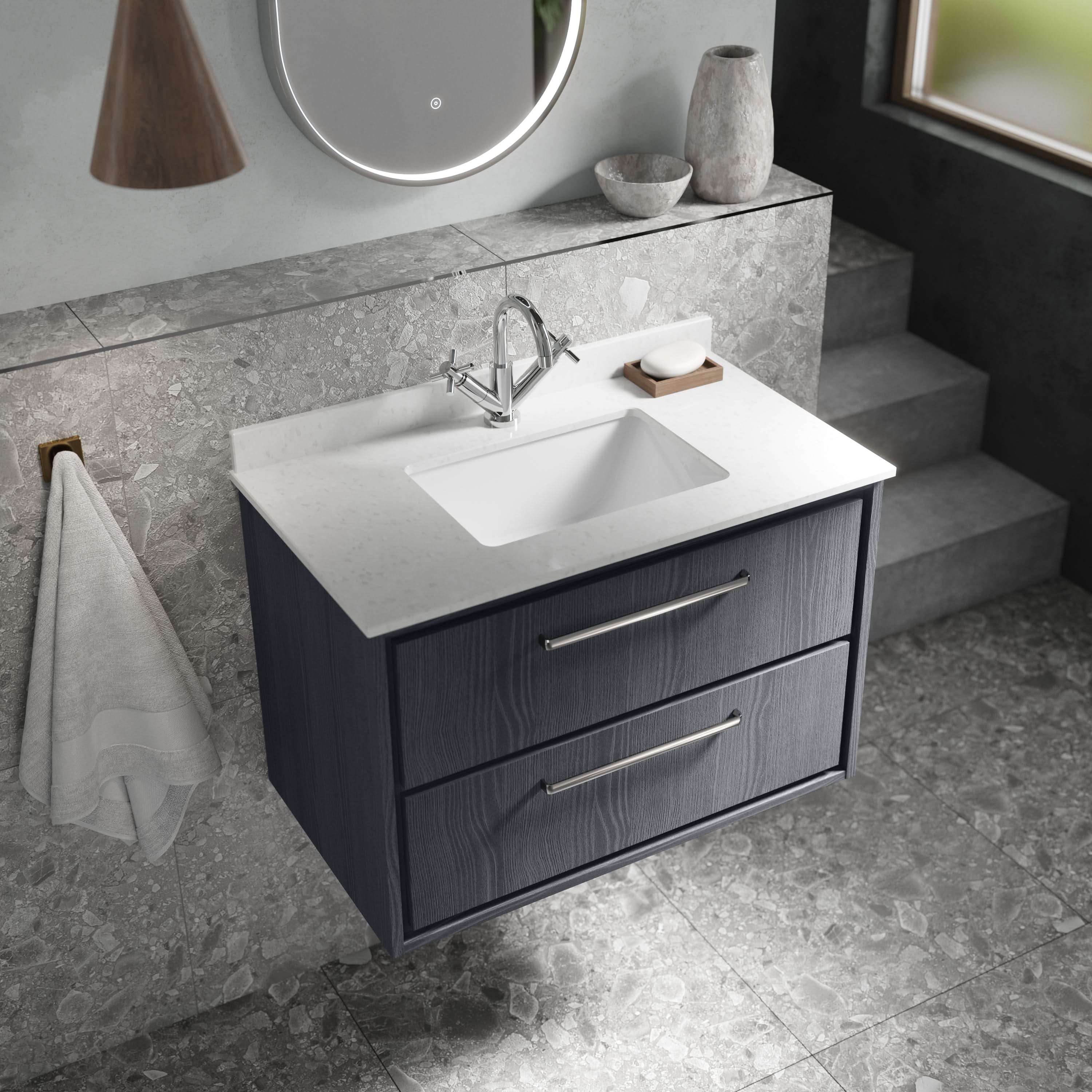 Old London Wall-Mounted Single Square Bowl Ceramic Basin 1 Tap Hole with Marble Work Top Bowl, Durable Wash Basin and Countertop for Modern Bathroom in White, 800mm
