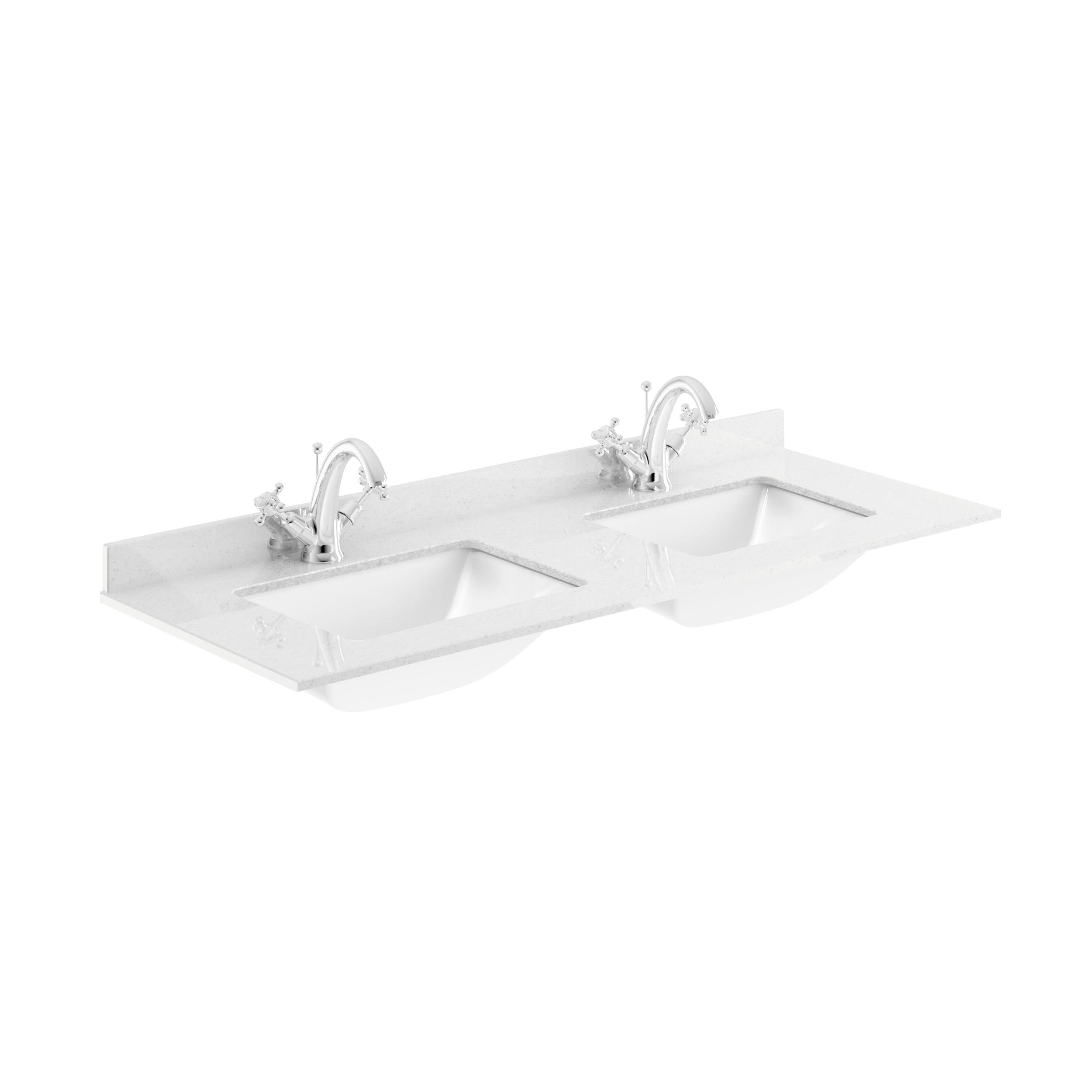 Old London Wall-Mounted Double Square Bowl Ceramic Basin 1 Tap Hole with Marble Work Top Bowl, Durable Wash Basin and Countertop for Modern Bathroom in White, 1200mm