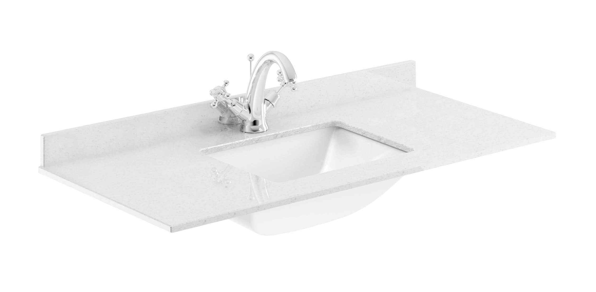 Old London Wall-Mounted Single Square Bowl Ceramic Basin 1 Tap Hole with Marble Work Top Bowl, Durable Wash Basin and Countertop for Modern Bathroom in White, 1000mm