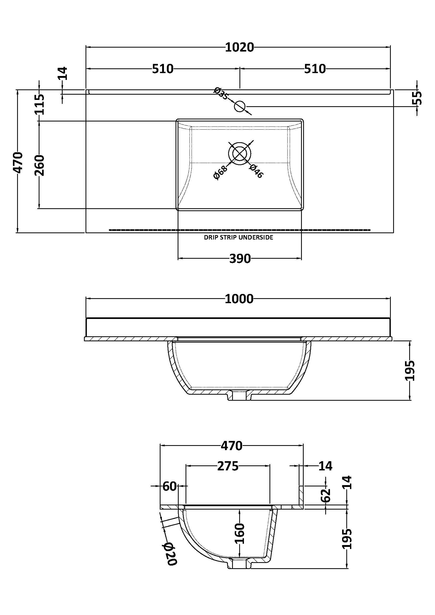 Old London Wall-Mounted Single Square Bowl Ceramic Basin 1 Tap Hole with Marble Work Top Bowl, Durable Wash Basin and Countertop for Modern Bathroom in White, 1000mm