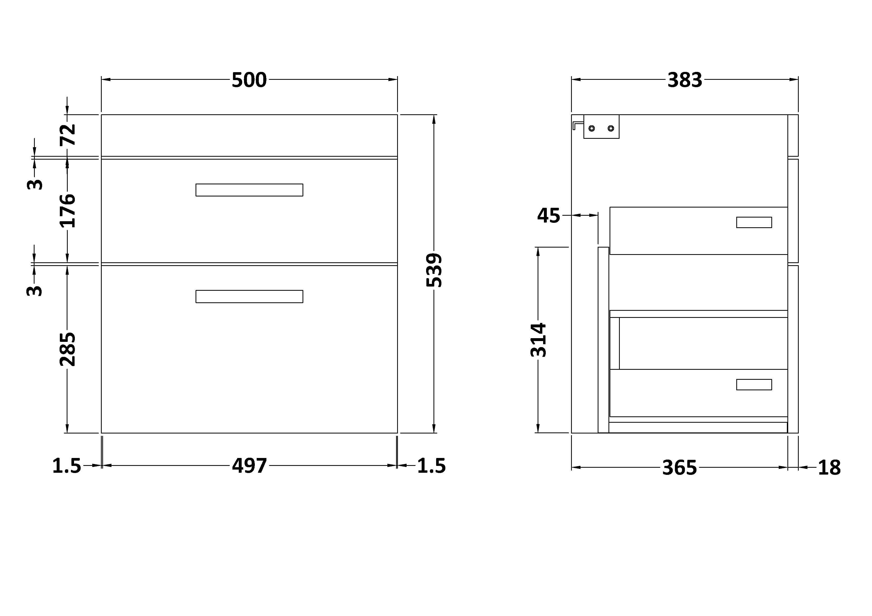 Hudson Reed Athena Wall Hung Vanity Unit, Durable 2 Soft Close Drawers Vanity in D Shape Handle with Storage for Modern Bathroom in Gloss White Finish, 500mm