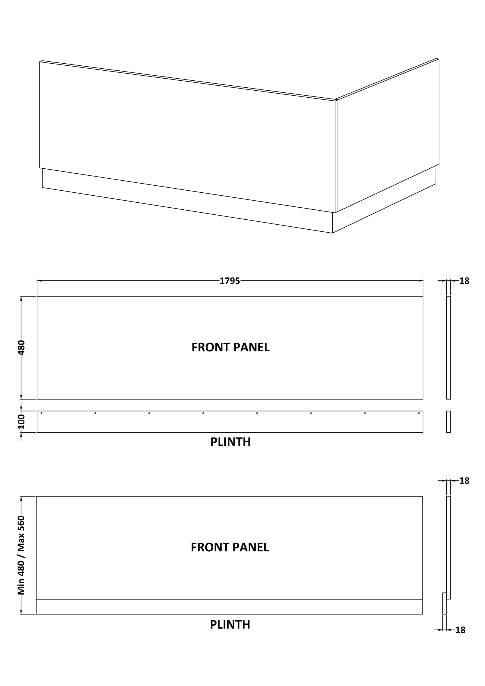 Hudson Reed Straight Baths Front Bath Panel and Plinth, Durable Flat Pack Construction for Modern Bathroom Wall Panels in Hacienda Black Finish, 1800mm
