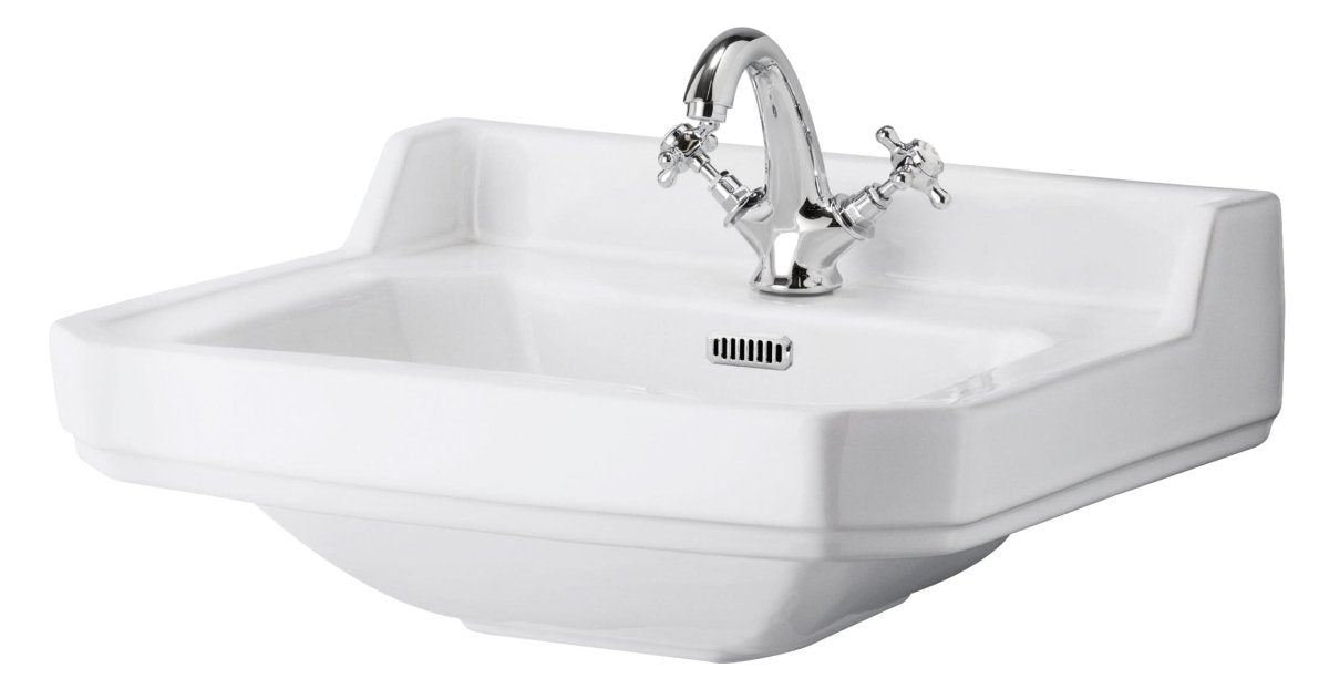 Old London Wall Hung 1 Tap Hole Ceramic Basin in Edwardian Style, Durable Sink for Compact Bathrooms and Cloakrooms in Square Bowl Design in Timeless Sand Finish, 595mm