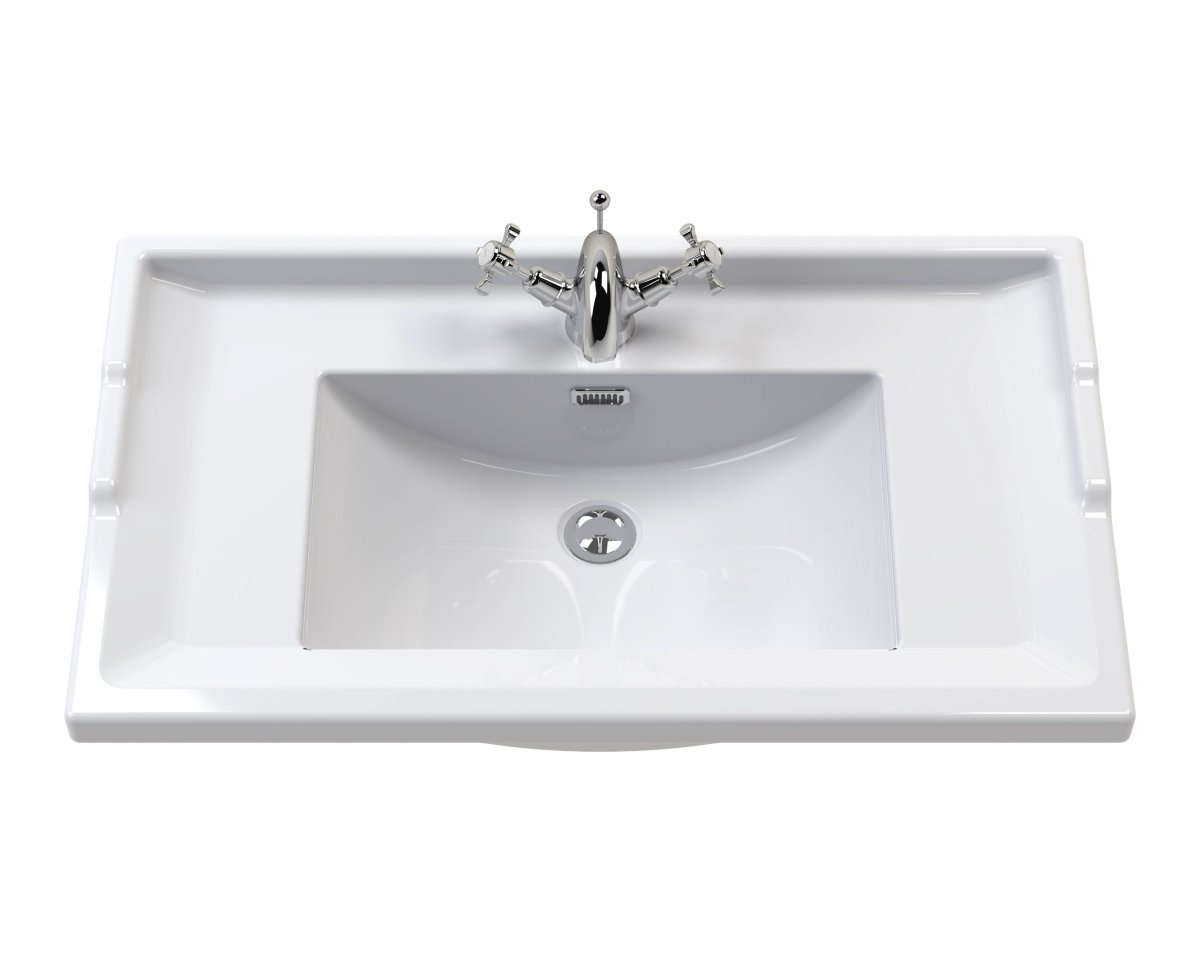 Old London Traditional 1 Tap Hole Wash Basin, Durable Ceramic Angular Sink Bowl for Compact Bathroom in White Finish, 600mm