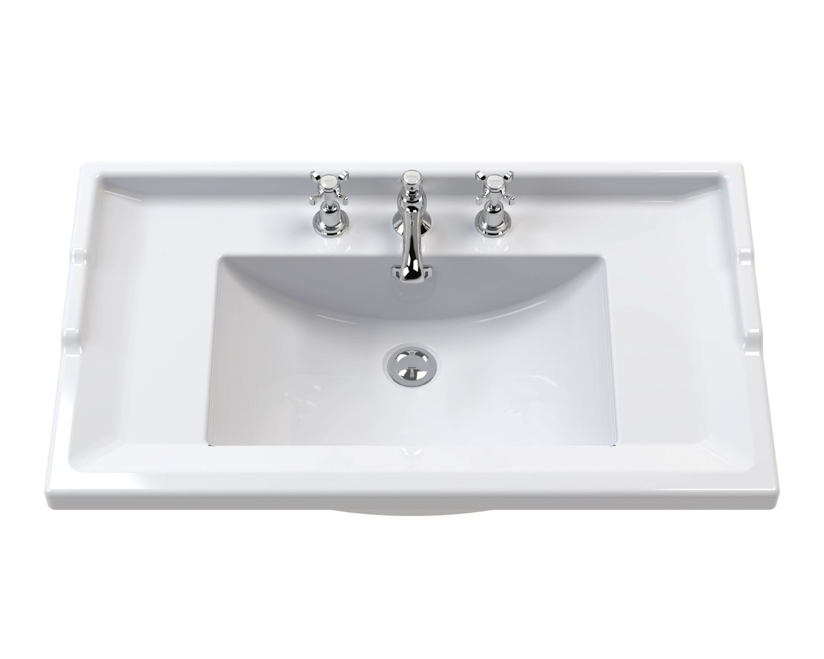 Old London Traditional 3 Tap Hole Wash Basin, Durable Ceramic Angular Sink Bowl for Compact Bathroom in White Finish, 1000mm