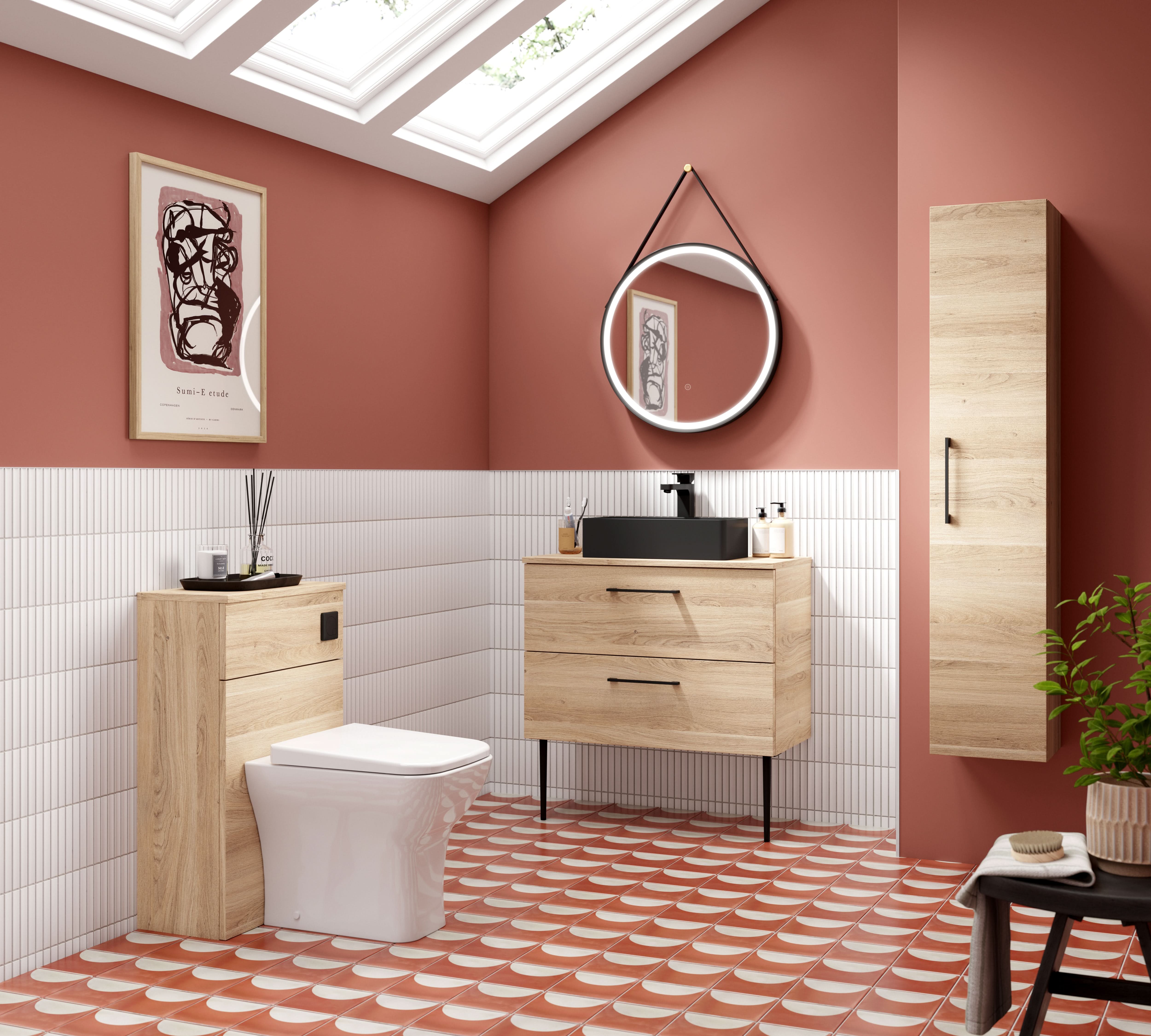 Hudson Reed Arno Wall Hung Vanity Unit, Durable 2 Soft Close Door Bathroom Sink Vanity Unit with Shelf in Bleached Oak, 800mm