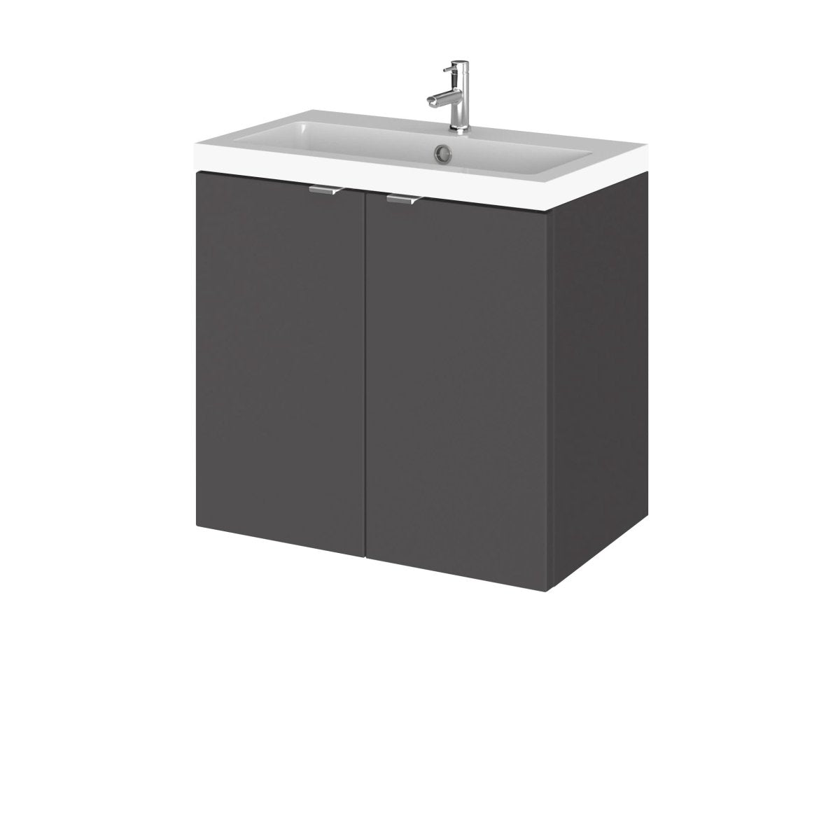 Hudson Reed Fusion Wall Hung Vanity Unit with Basin, Durable 2 Soft-Close Doors with Modern Wrapover Handles Vanity Unit for Compact Bathroom in Gloss Grey Finish, 600mm