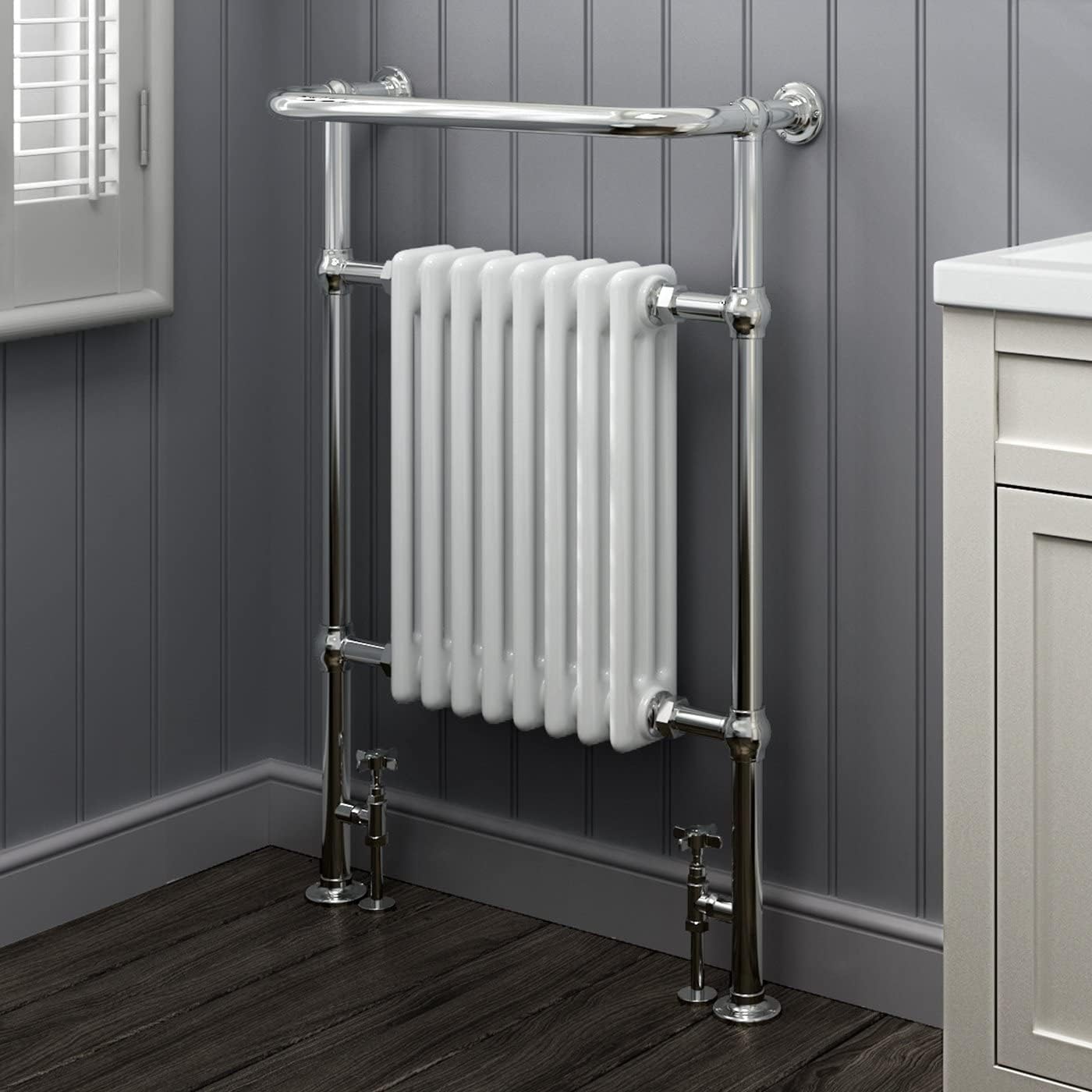 iBathUK Ascot 4 Column Traditional Heated Towel Rail Bathroom Radiator with Valves, Designer Radiator for UK Bathrooms