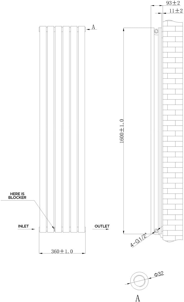 iBathUK Strata Vertical Column Radiator, Oval Double Panel Heater, Slim Designer Radiator for Modern UK Interiors, Black, 1600 x 360 mm