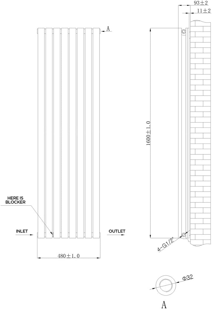 iBathUK Strata Vertical Column Radiator, Oval Double Panel Heater, Slim Designer Radiator for Modern UK Interiors, Black, 1600 x 480 mm