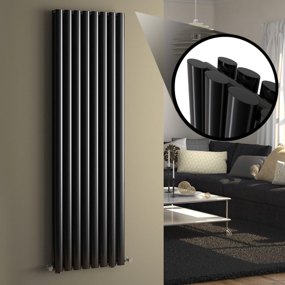 iBathUK Strata Vertical Column Radiator, Oval Double Panel Heater, Slim Designer Radiator for Modern UK Interiors, Black, 1600 x 480 mm