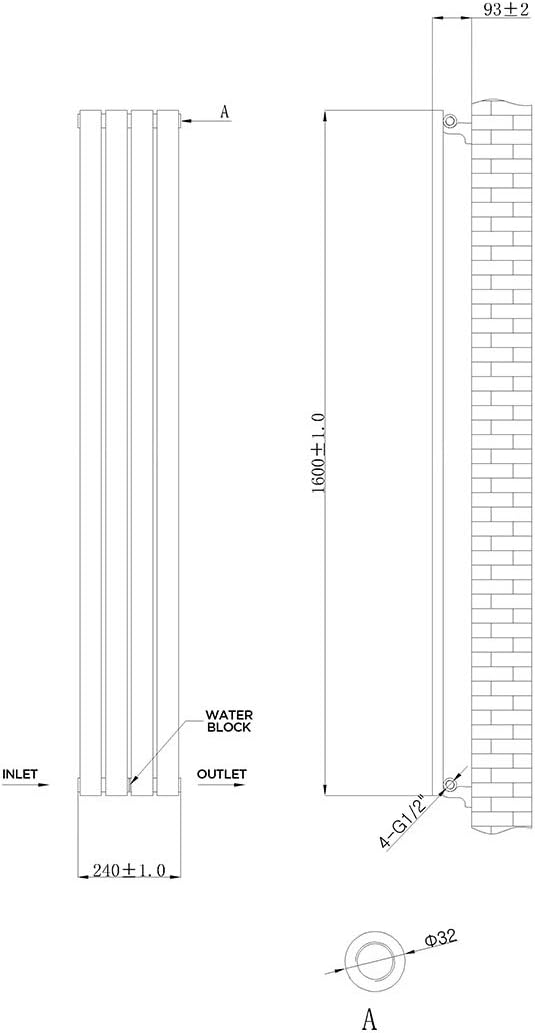 iBathUK Strata Designer Vertical Column Radiator, Oval Single Panel, Space-Saving Designer Radiator for Modern UK Homes, Balck, 1600 x 240 mm