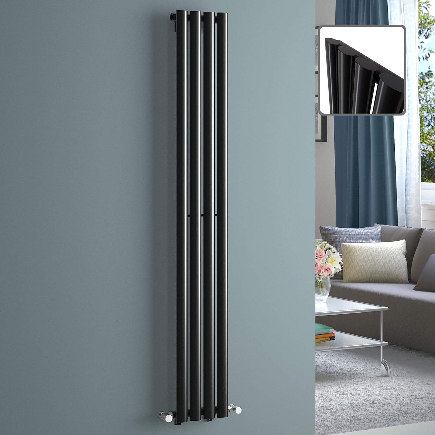 iBathUK Strata Designer Vertical Column Radiator, Oval Single Panel, Space-Saving Designer Radiator for Modern UK Homes, Balck, 1600 x 240 mm