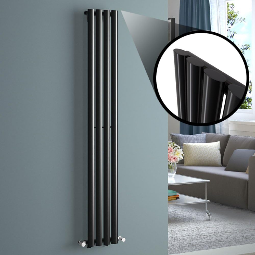 iBathUK Strata Designer Vertical Column Radiator, Oval Single Panel, Space-Saving Designer Radiator for Modern UK Homes, Balck, 1600 x 240 mm