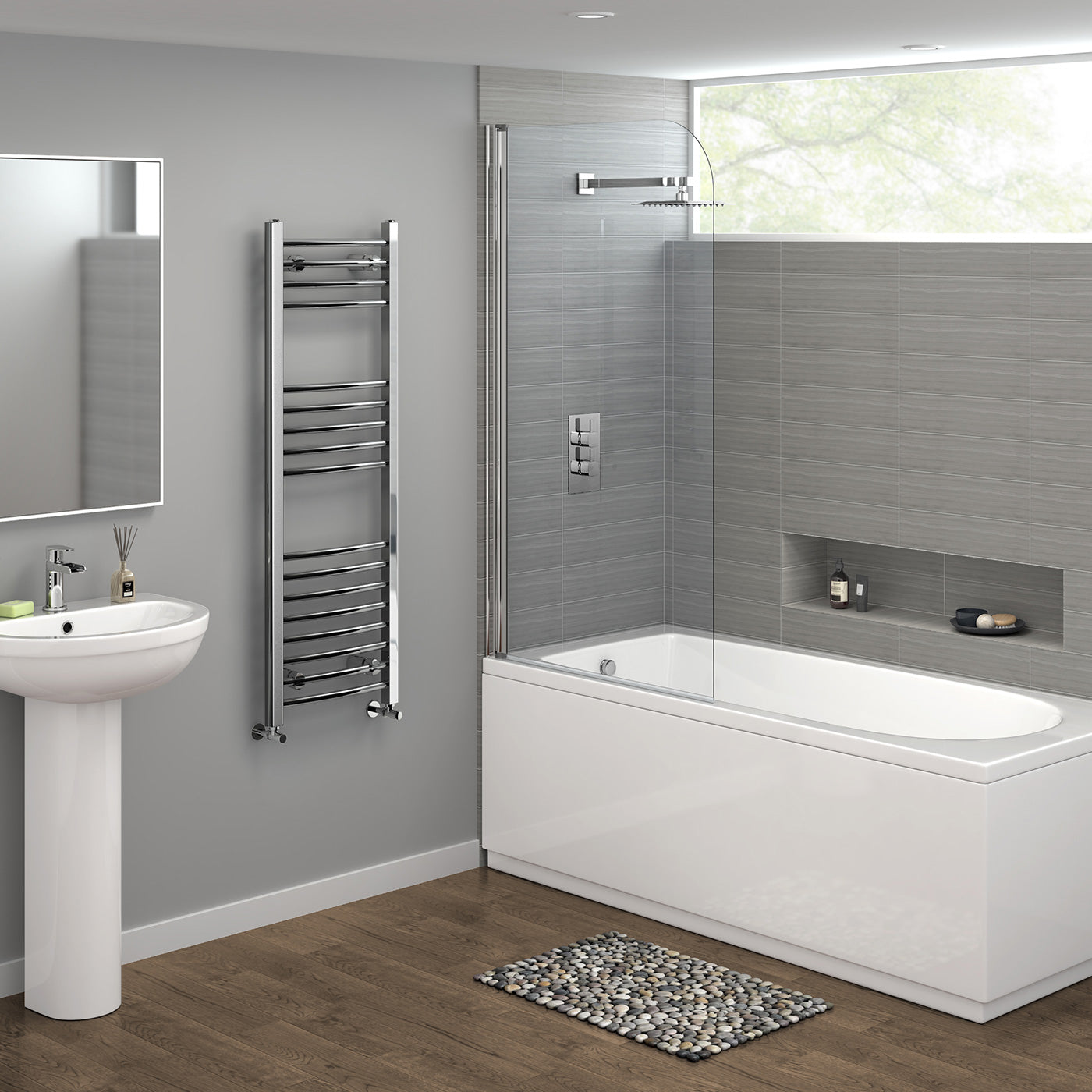 iBathUK Zypher Curved Heated Towel Rail Bathroom Radiator, Designer Radiator for Bathroom, Chrome, 1200 x 400mm