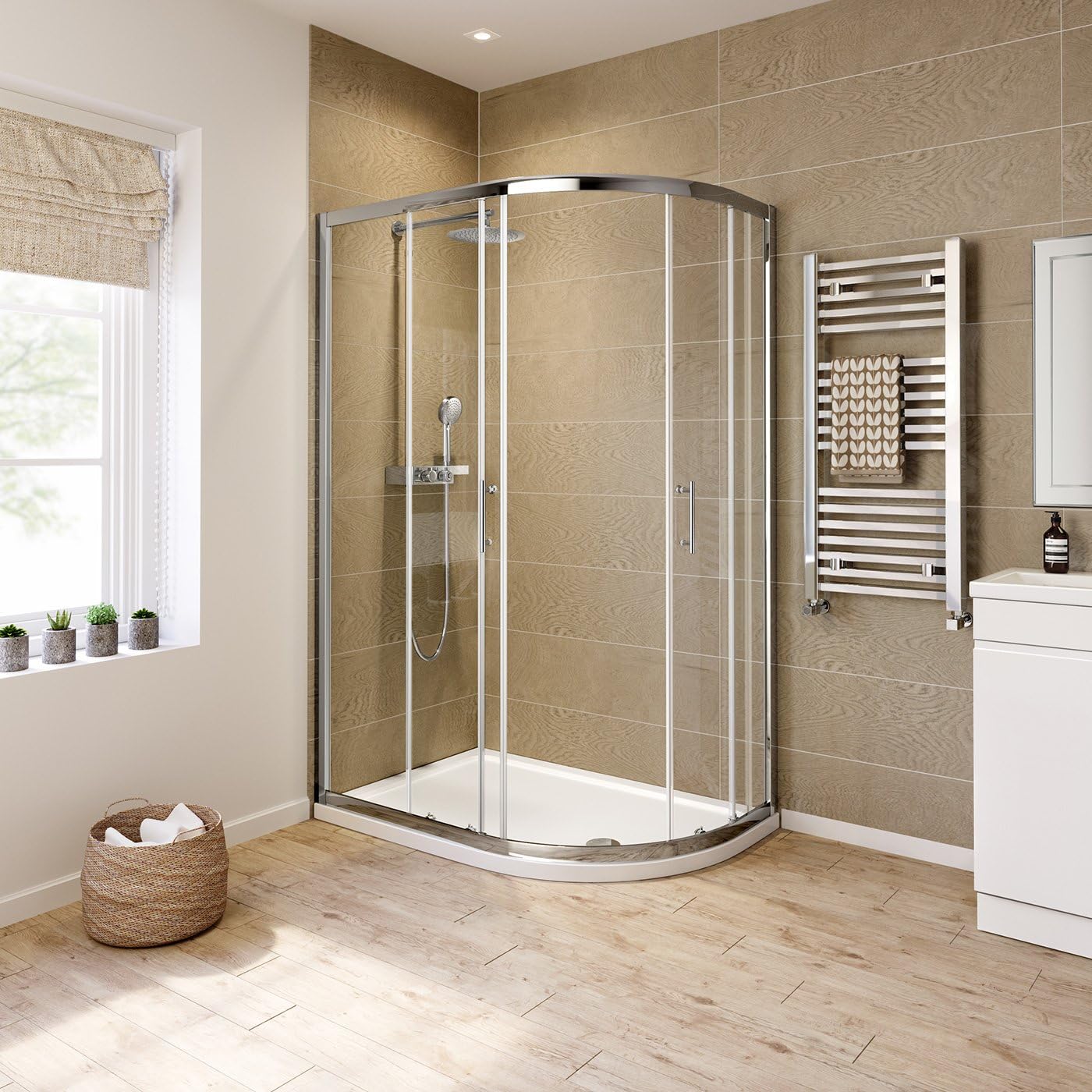 iBathUK Solis Quadrant Sliding Shower Enclosure, 6mm Reversible Glass Door for Modern Bathroom Corners, Offset Quadrant Shower Enclosure, 900 x 760mm