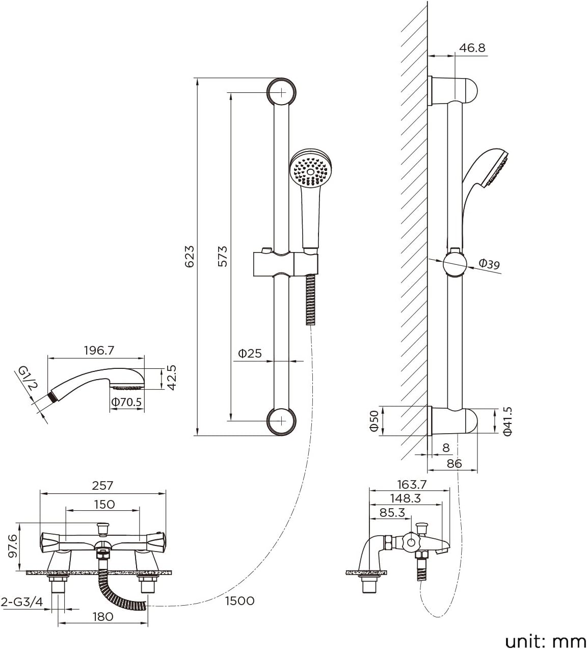 iBathUK Lex Thermostatic Shower Mixer Valve Bath Deck Tap Riser Rail and Handset Set, Thermostatic Bar Shower Valve, Chrome