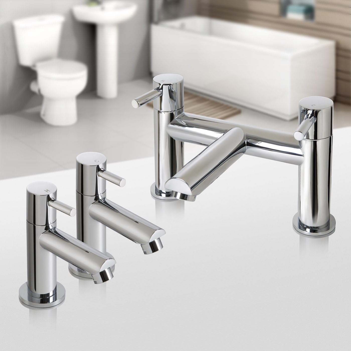 iBathUK Delta Pair of Hot and Cold Basin Sink Mixer Taps with Bath Filler Chrome Tap Set, Classic Bathroom Basin Mixer Taps for Everyday Use