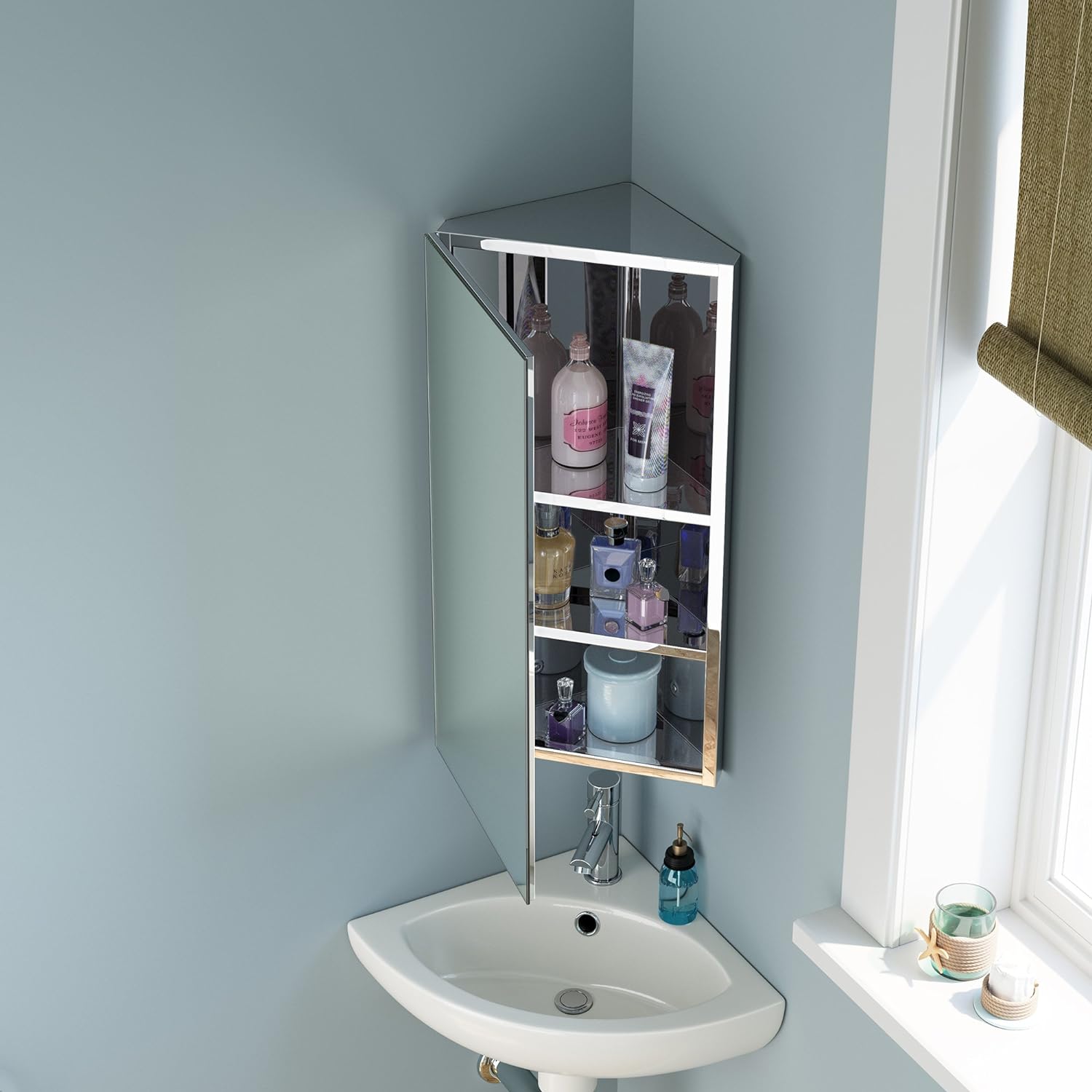 iBathUK Arcade Wall Mounted Corner Bathroom Mirror Cabinet, Stainless Steel Hinged Door Storage Unit with 2 Shelves, Modern Plain Mirror Design for Small Bathrooms and Cloakrooms in Silver, 300mm
