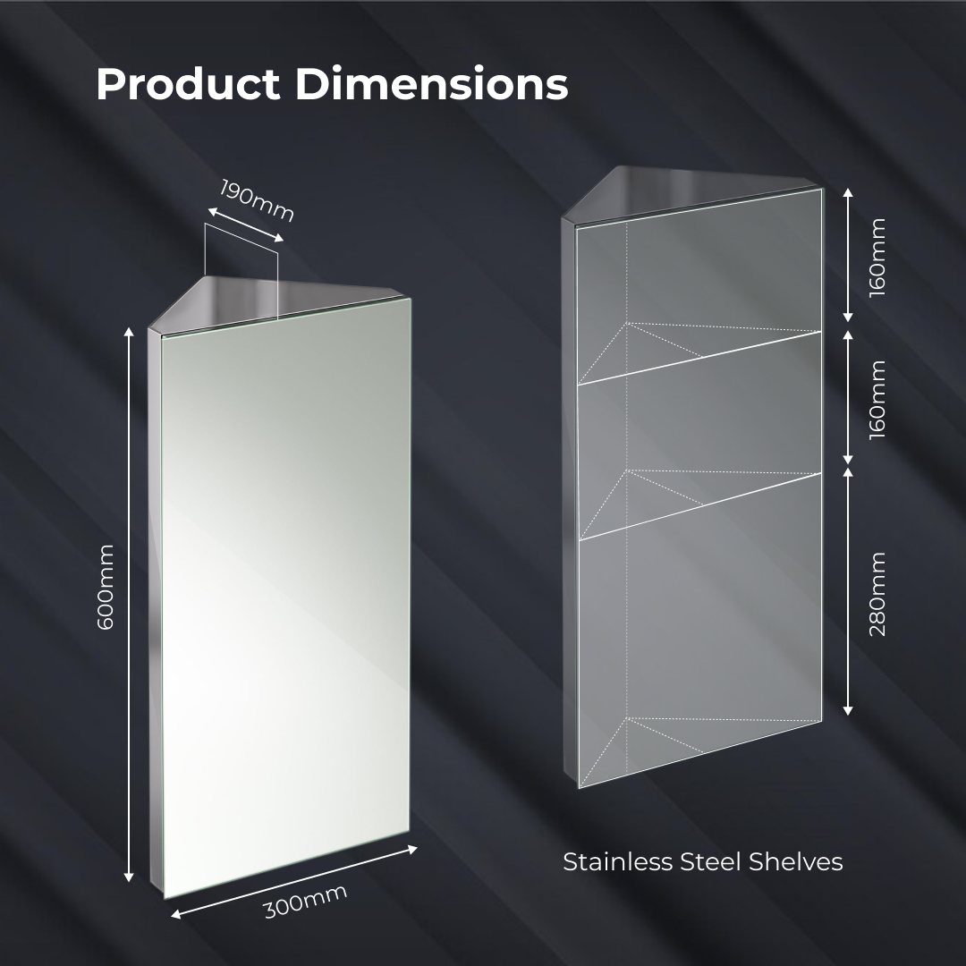 iBathUK Arcade Wall Mounted Corner Bathroom Mirror Cabinet, Stainless Steel Hinged Door Storage Unit with 2 Shelves, Modern Plain Mirror Design for Small Bathrooms and Cloakrooms in Silver, 300mm