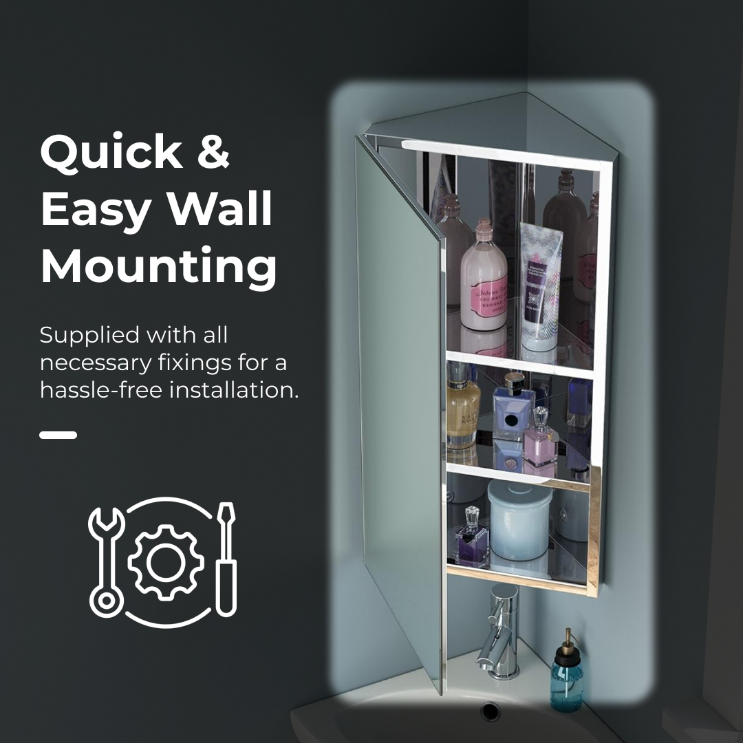 iBathUK Arcade Wall Mounted Corner Bathroom Mirror Cabinet, Stainless Steel Hinged Door Storage Unit with 2 Shelves, Modern Plain Mirror Design for Small Bathrooms and Cloakrooms in Silver, 300mm