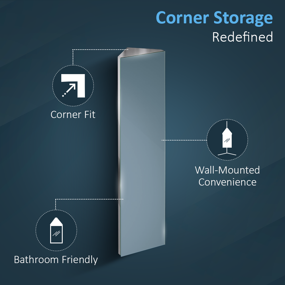 iBathUK Gleam Wall Mounted Tall Corner Bathroom Mirror Cabinet, Modern Stainless Steel Storage Unit with 1 Door & Adjustable Glass Shelf, Bathroom Mirror Cabinet in Silver, 1200 x 300mm