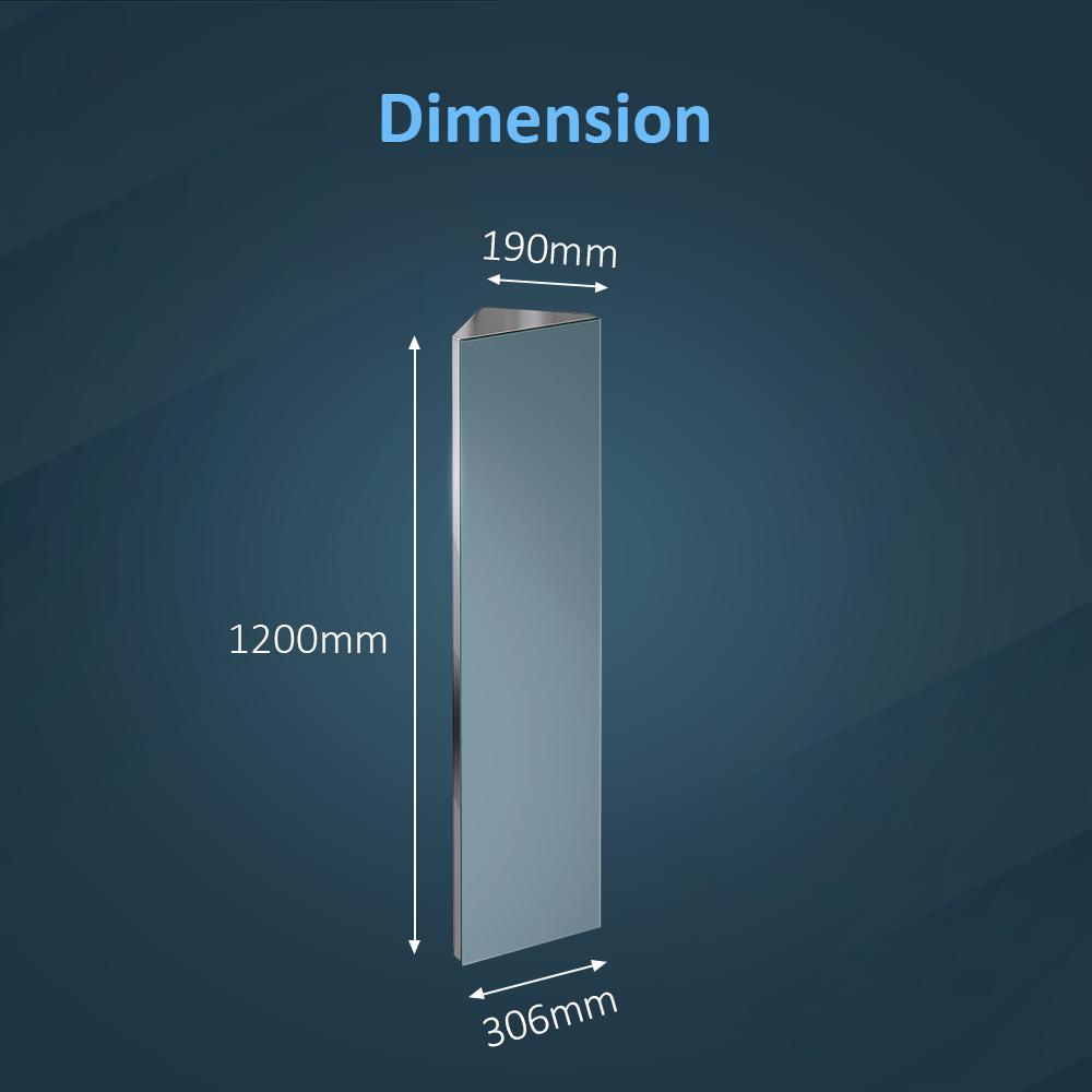 iBathUK Gleam Wall Mounted Tall Corner Bathroom Mirror Cabinet, Modern Stainless Steel Storage Unit with 1 Door & Adjustable Glass Shelf, Bathroom Mirror Cabinet in Silver, 1200 x 300mm